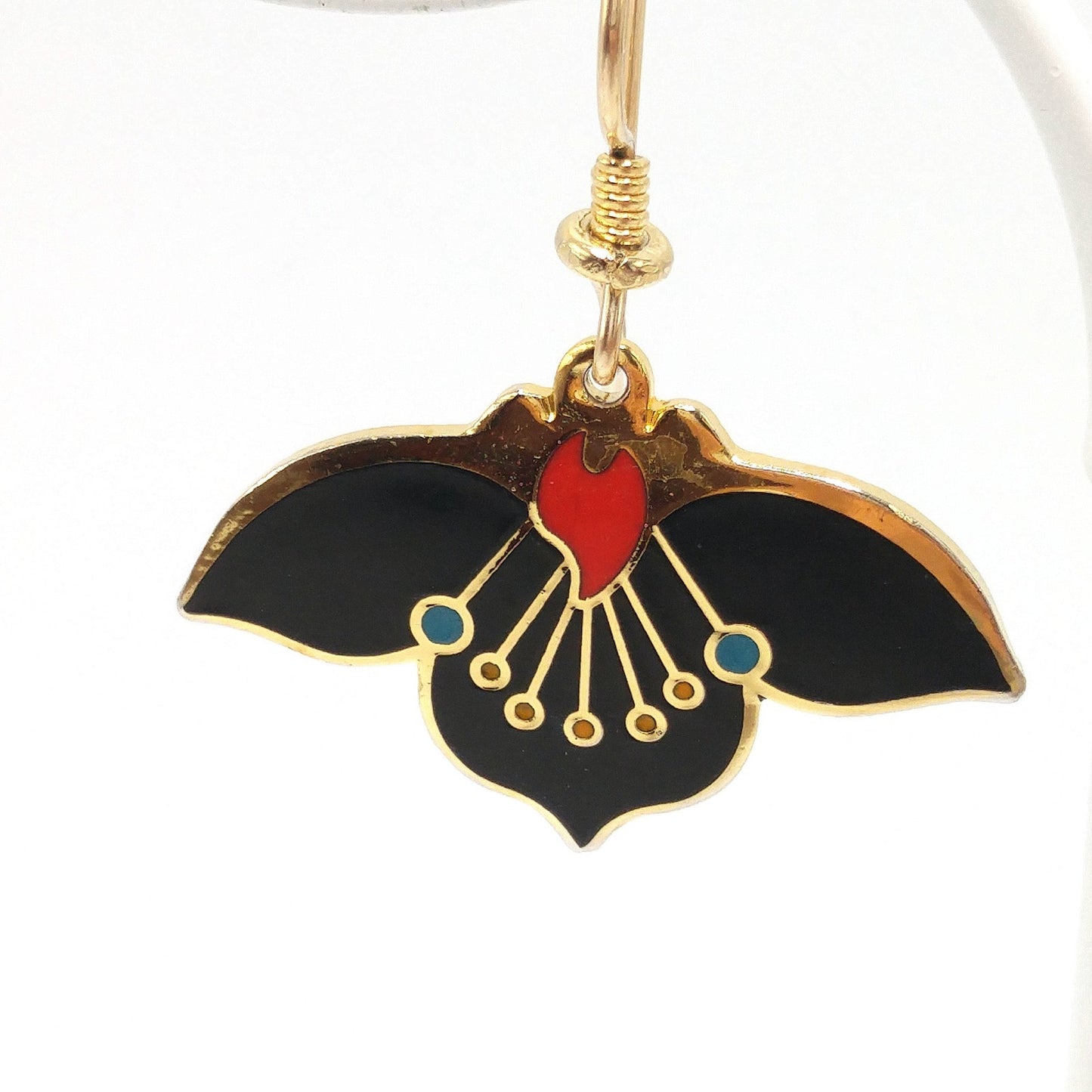 Vintage Laurel Burch "Desert Flower" Earrings, Black Red Enamel, Gold Plated, 1980s