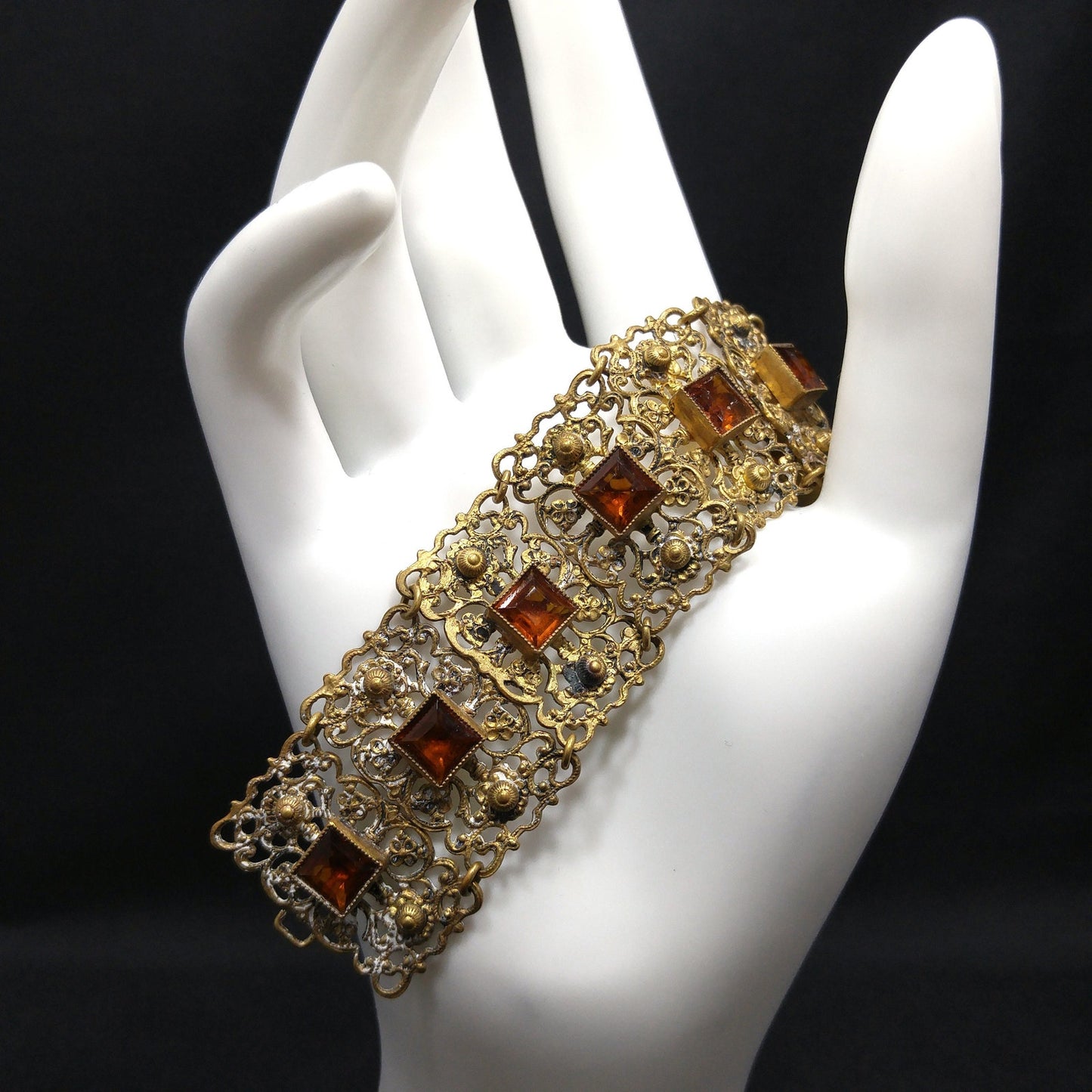 Vintage Filigree Topaz Glass Link Wide Bracelet, Built in Hook On Back, Antique 1920s Vintage Jewelry