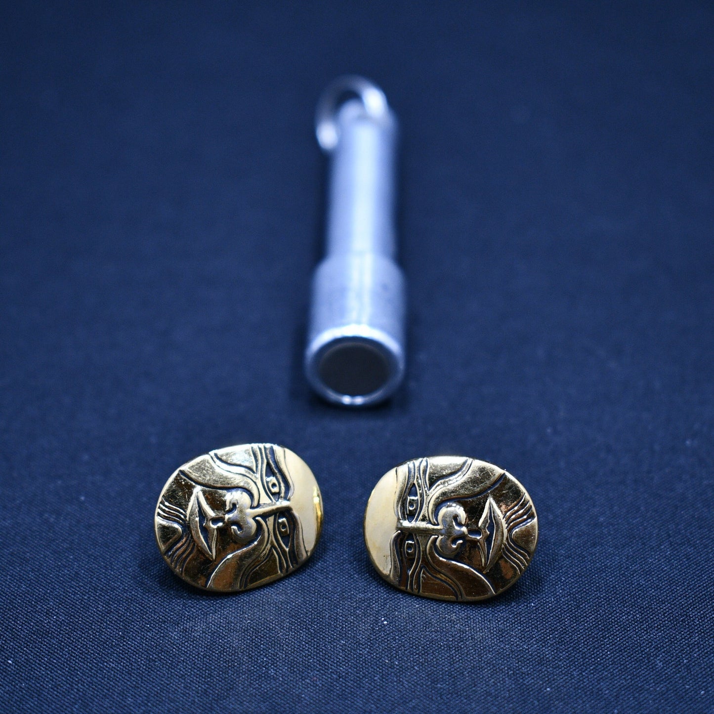 Laurel Burch Eiko Post Earrings, Gold Plated, Japanese Mask, 1980s Vintage