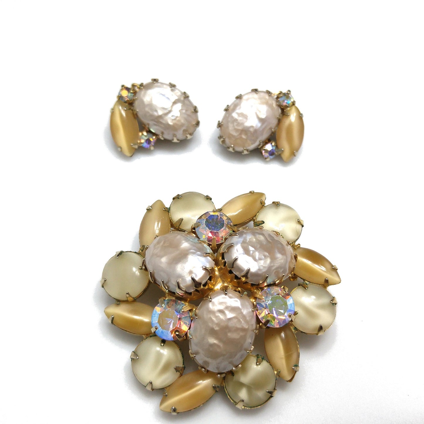 Faux Baroque Pearls AB Rhinestone Brooch Earrings, Gold Plated, 1960s Vintage Jewelry