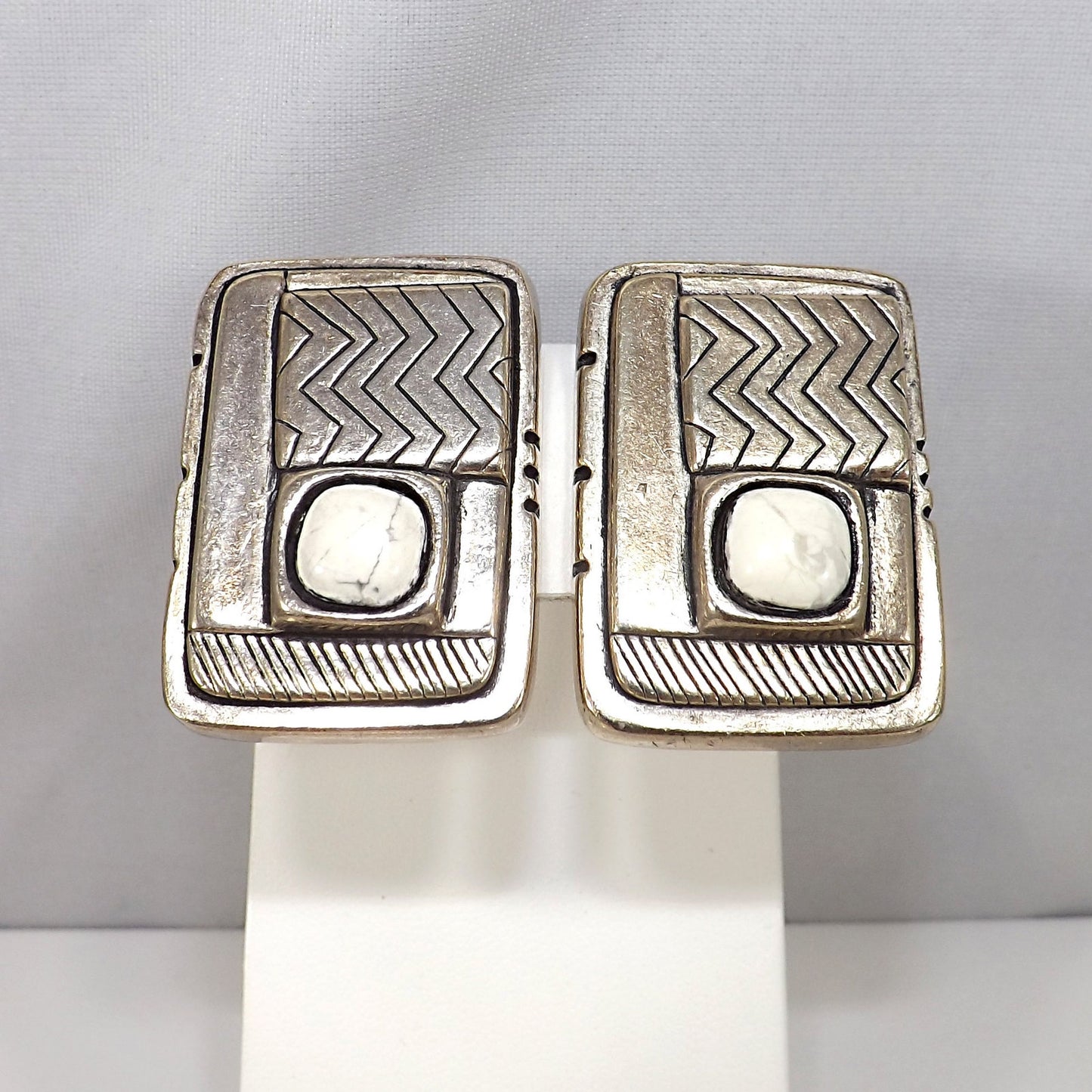 Laurel Burch Silver Clip Earrings White Magnesite Stone Vintage 1980s Rare