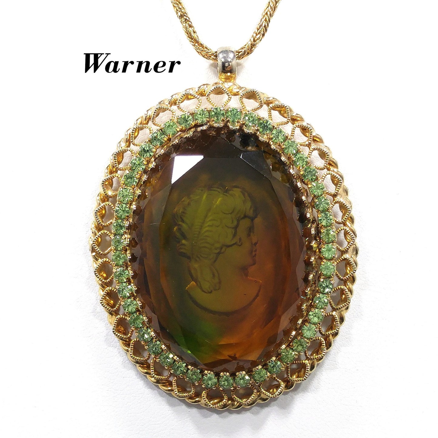 Warner Cameo Intaglio Pendant Necklace, Peridot Rhinestones, 5 Uranium Glass, 1960s Vintage Jewelry