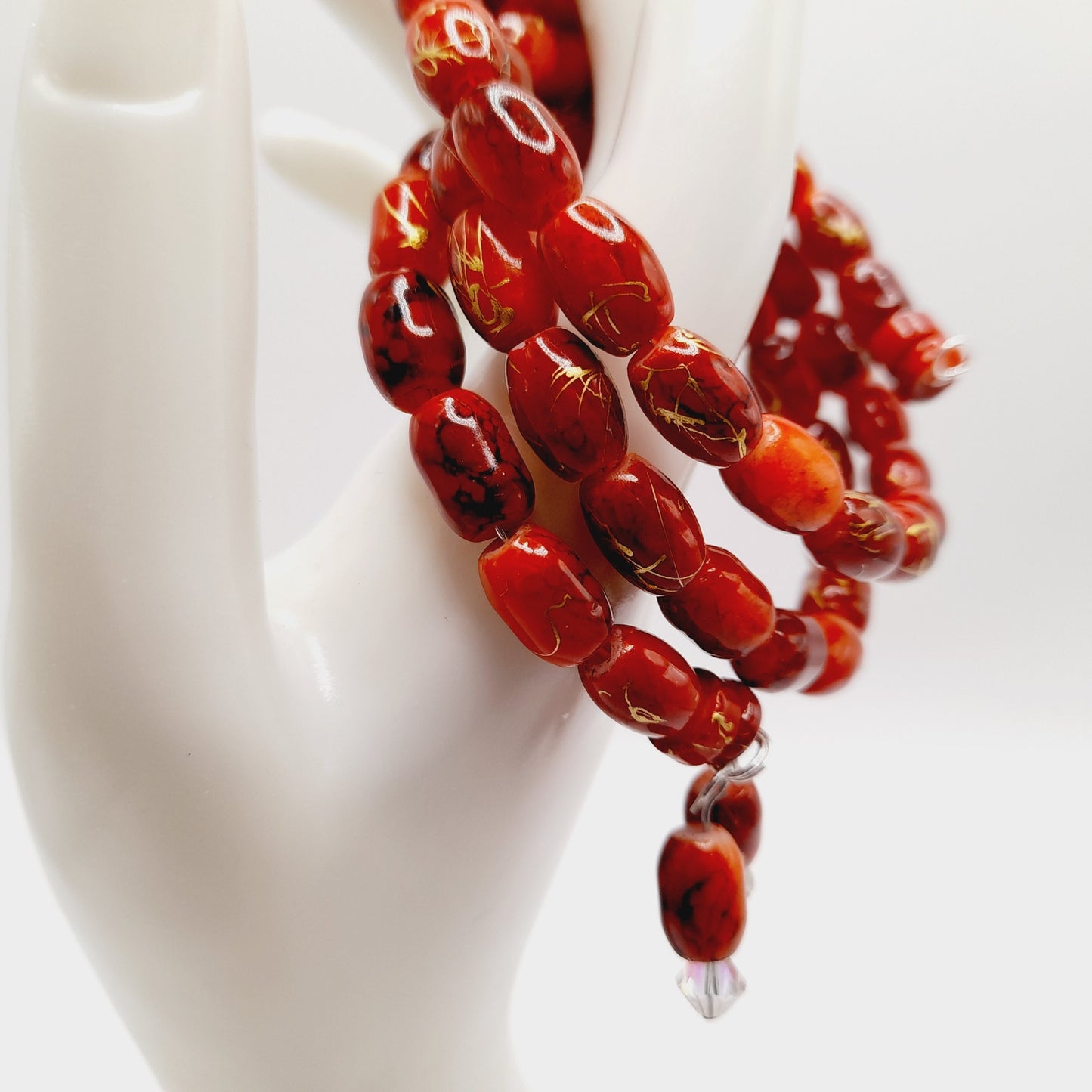 Vintage Asian Beaded Memory Wire Bracelet Red Glass Gold Accents Handmade Jewelry