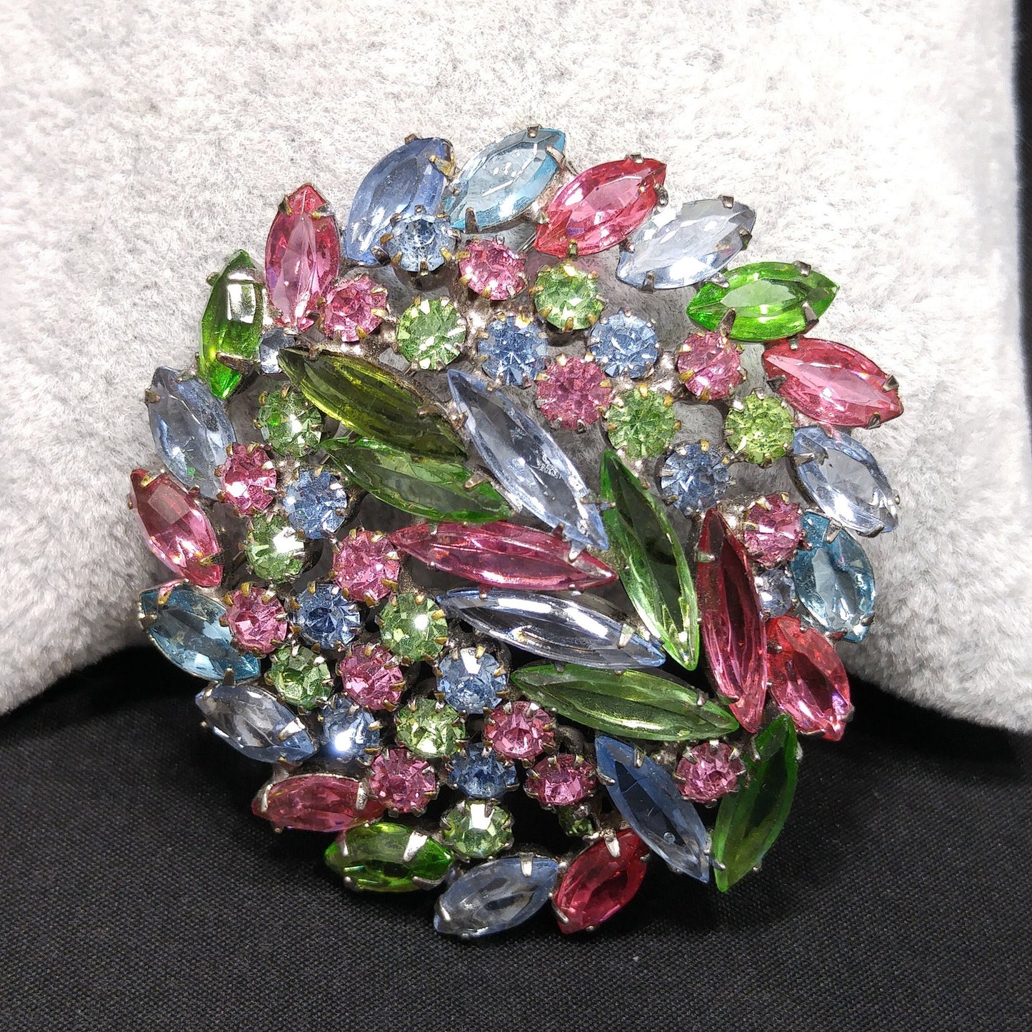 Pastel Rhinestone Floral Brooch, Rhodium Plated, Open Back Stones, 1960s Vintage Jewelry