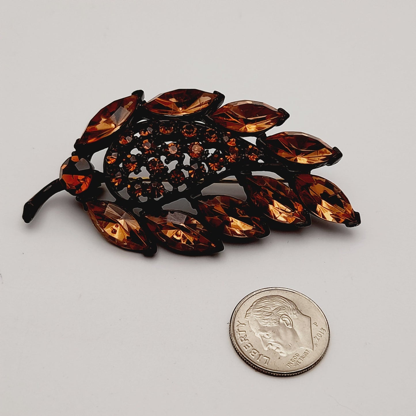 Vintage MGENT Topaz Rhinestone Leaf Japanned Brooch Pin