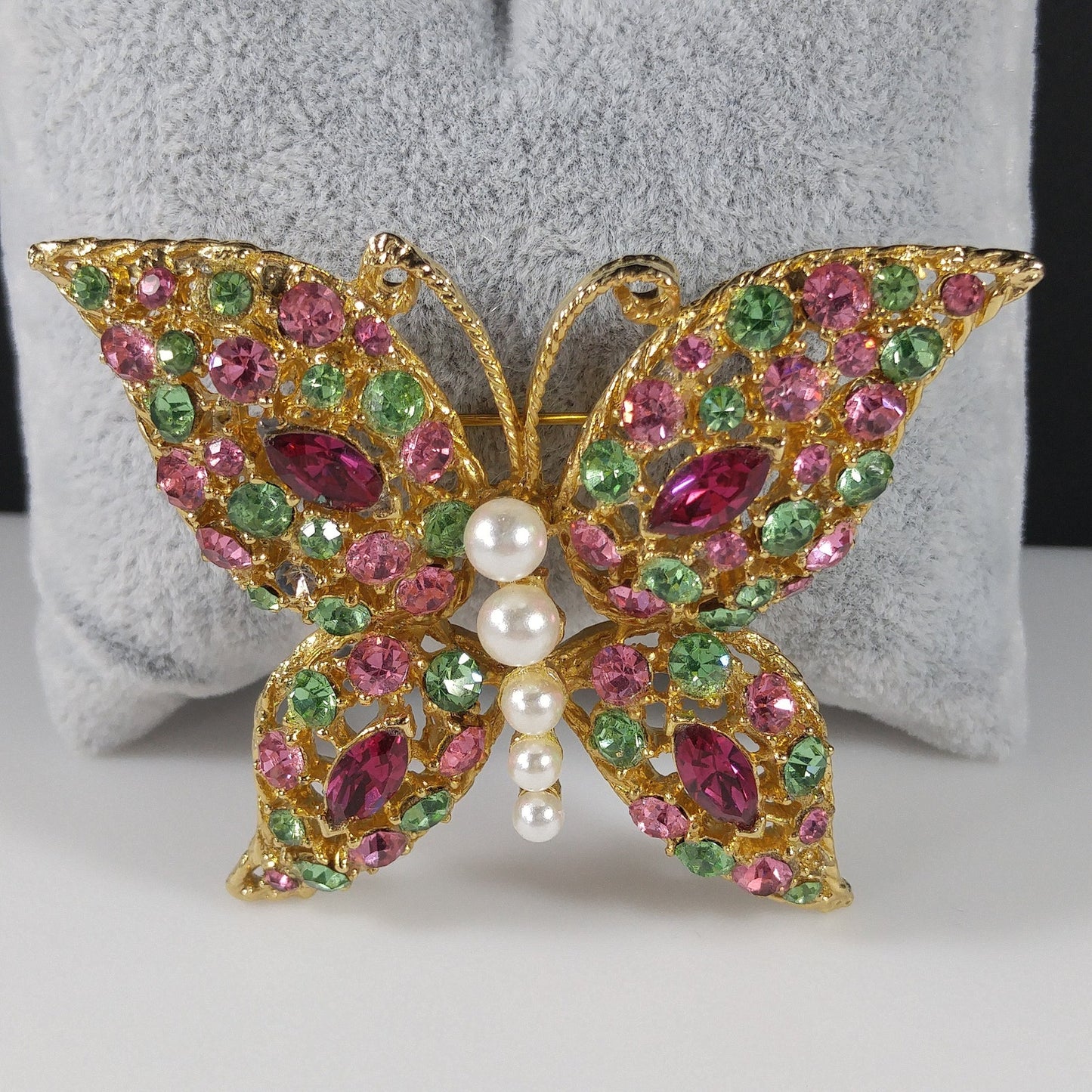 Vintage Pastel Rhinestone Butterfly Brooch, Faux Pearl Body, Uranium Glass, Vintage Jewelry
