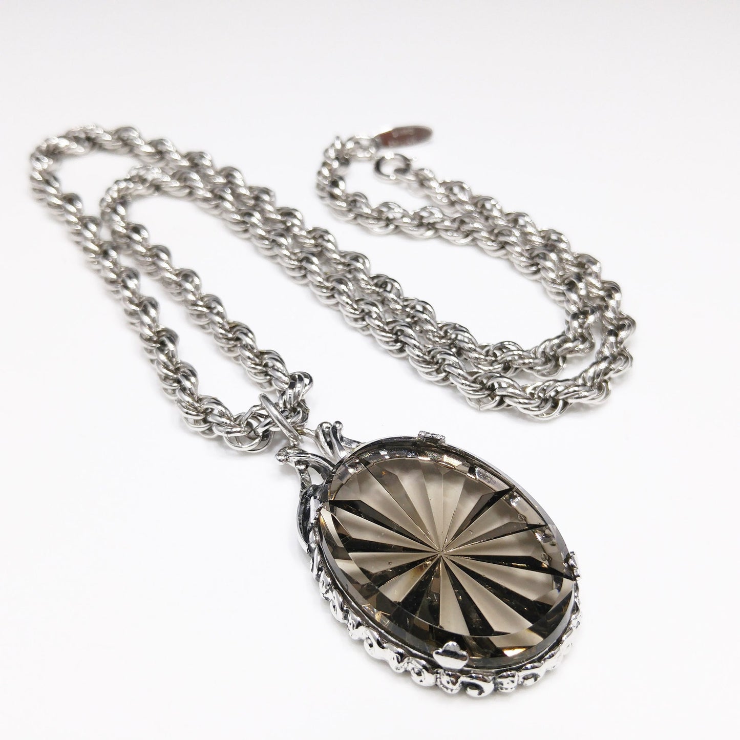 Whiting & Davis Smoky Tourmaline Faceted Pendant Necklace, Rope Chain, 1960s