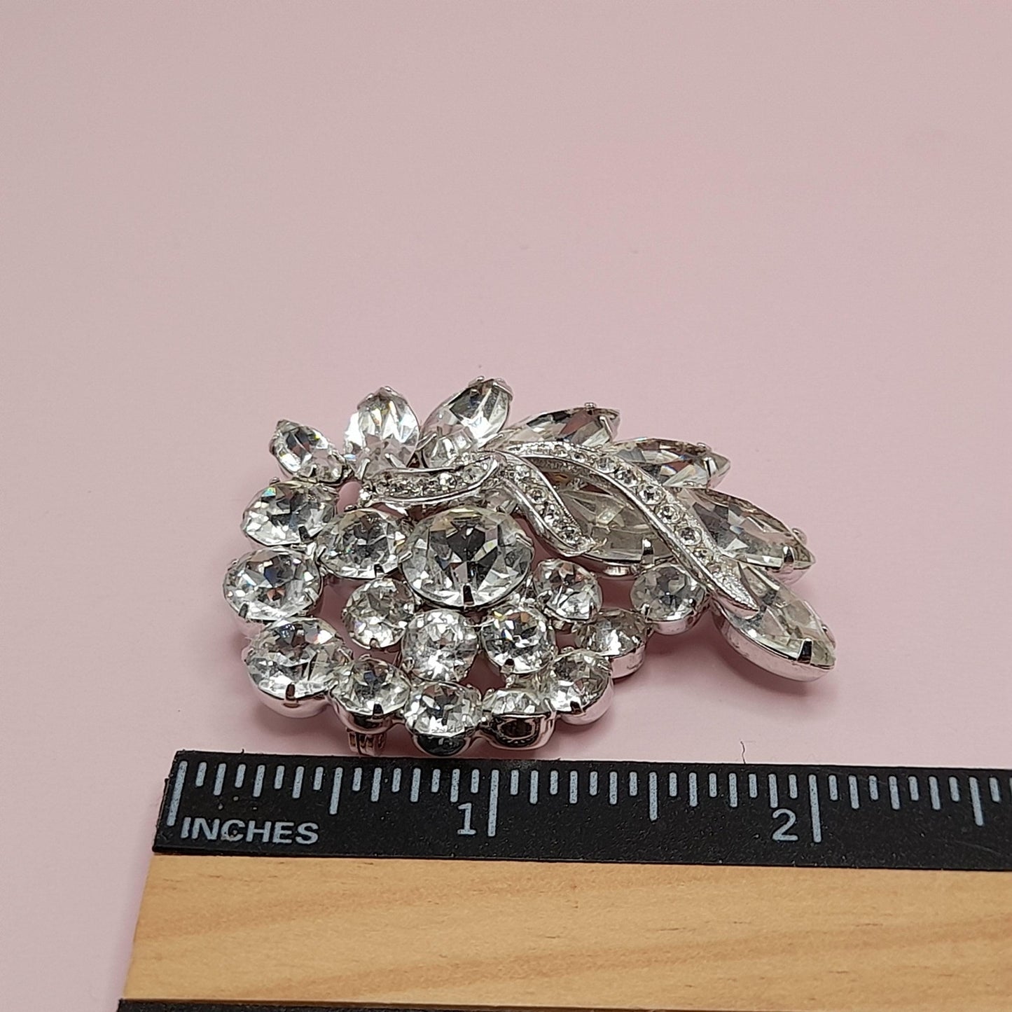 Vintage Clear Rhinestone Brooch, Rhodium Plated, 1960s, 2 1/4 Inches