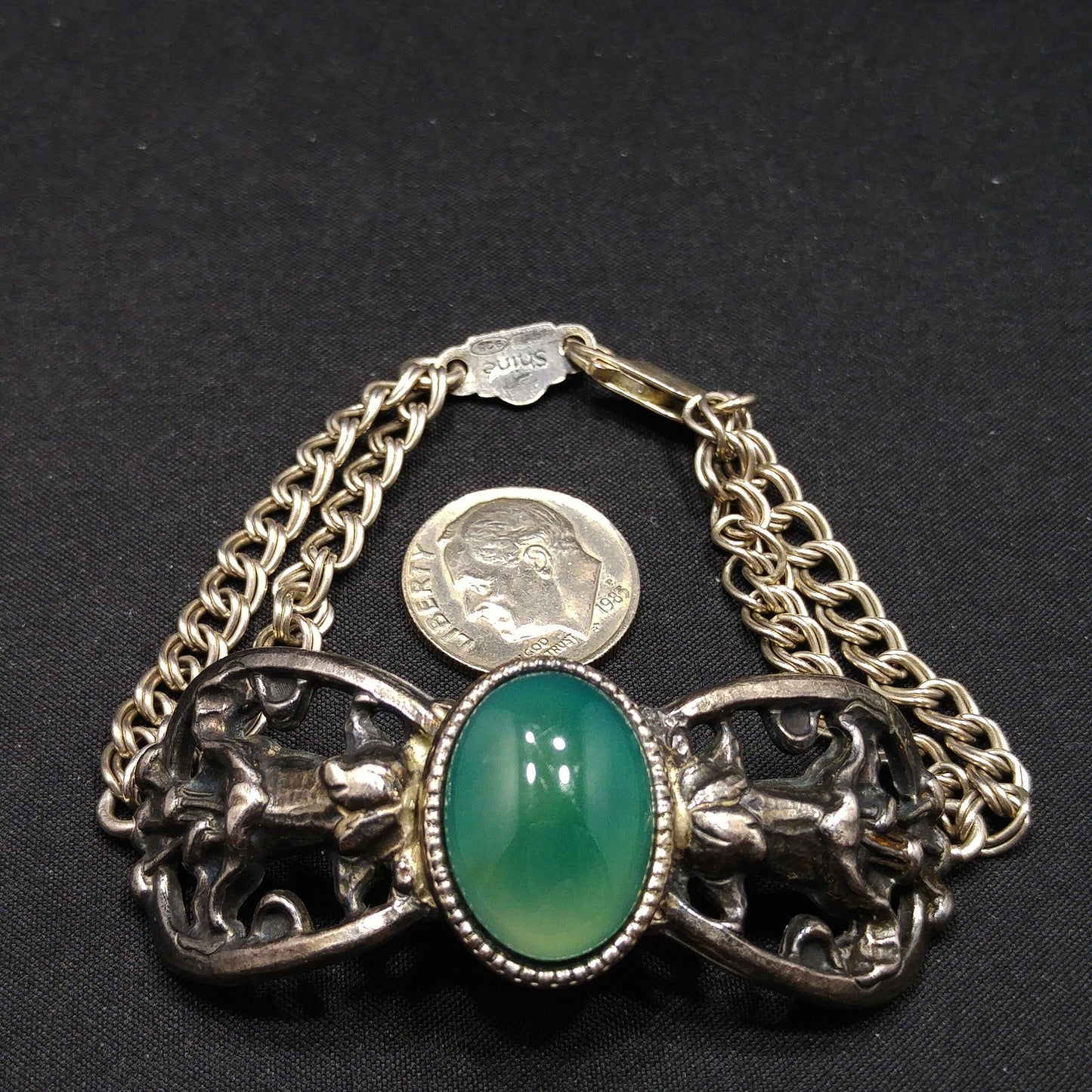 Sterling Silver Gemstone Bracelet, 925 Oval Green Gemstone, Vintage Jewelry