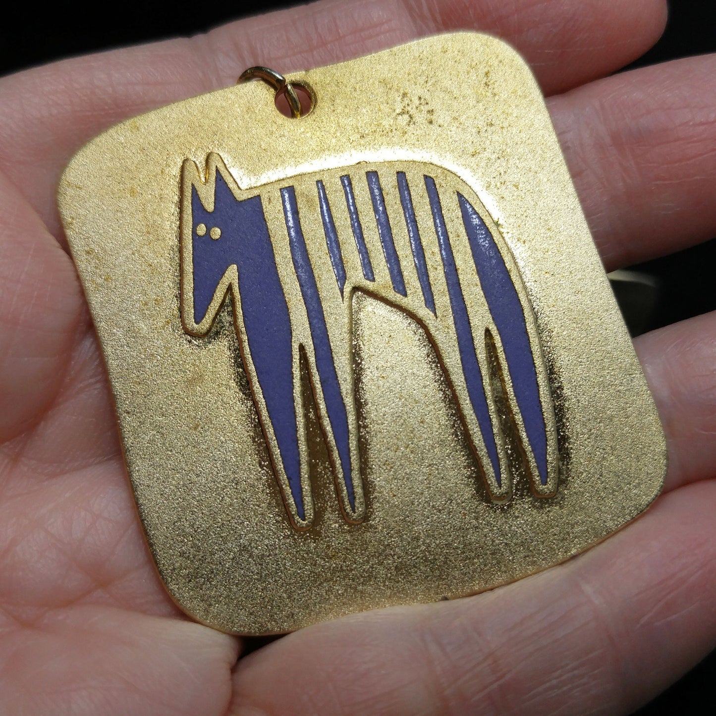 Laurel Burch "Striped Beast" Pendant & Earrings, Brass Purple Enamel, 1980s