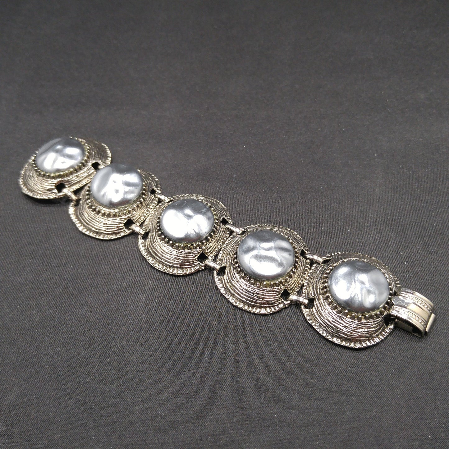 Mid-century Silver Chunky Five Link Bracelet, Gold Plated, Blue Lucite Metallic Pearled, 1960s Vintage Jewelry