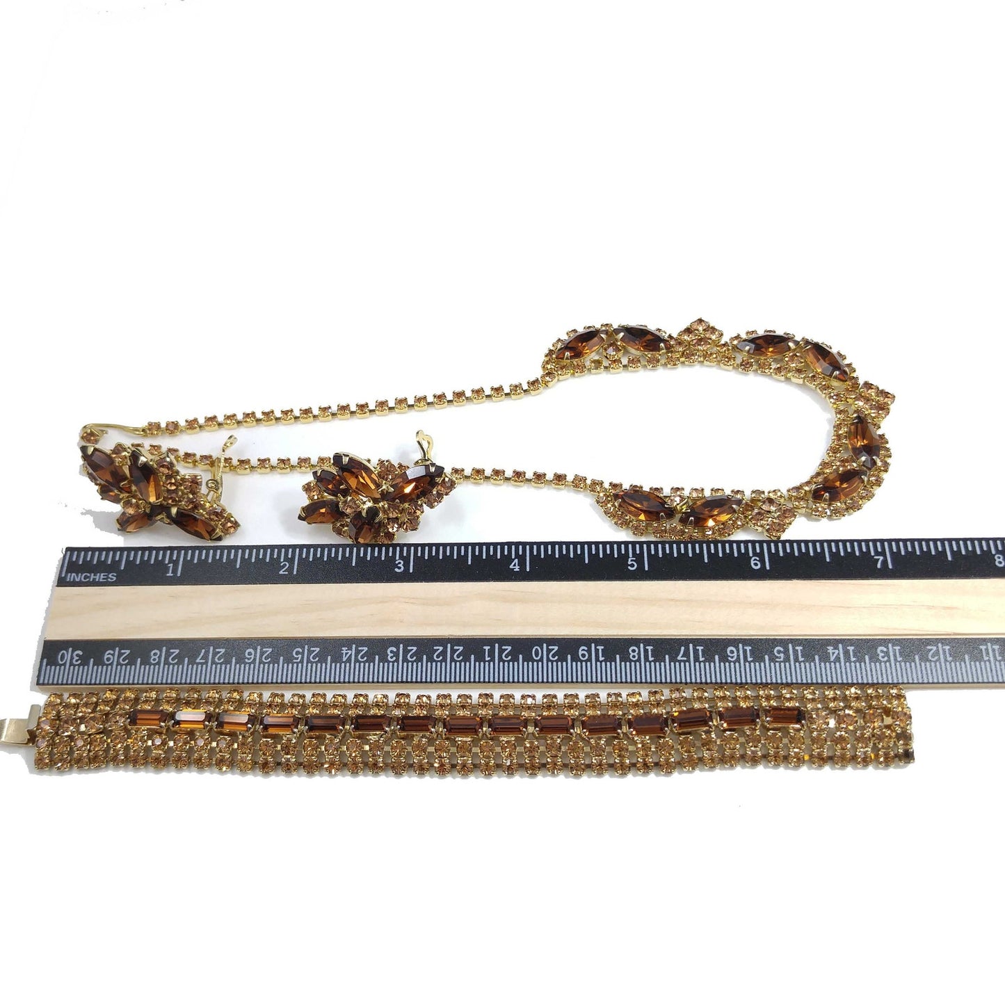 Vintage Rhinestone Jewelry Set: Necklace Bracelet Earrings, 1960s