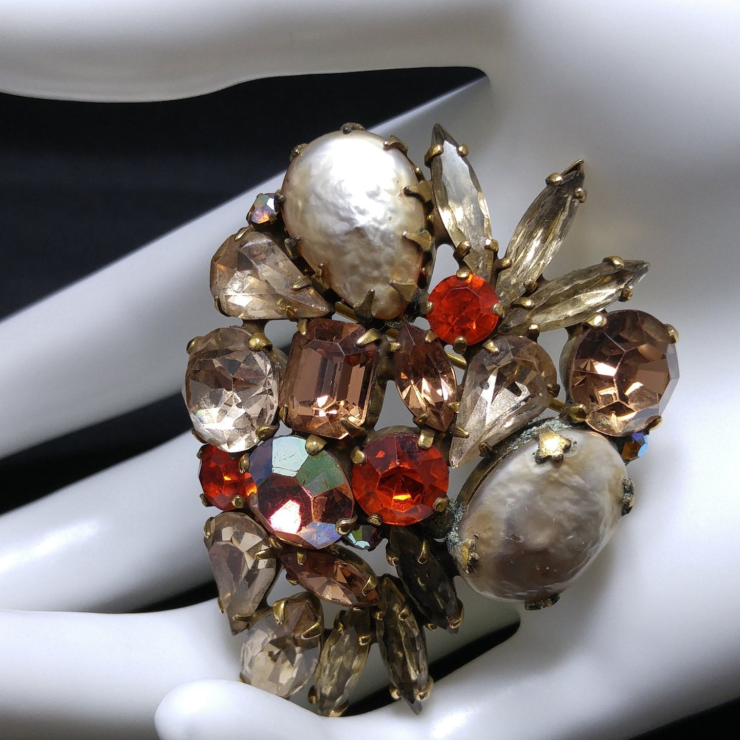Weiss Faux Baroque Pearl Brooch, Orange Topaz Rhinestones Antique Gold, 1950s Vintage Jewelry