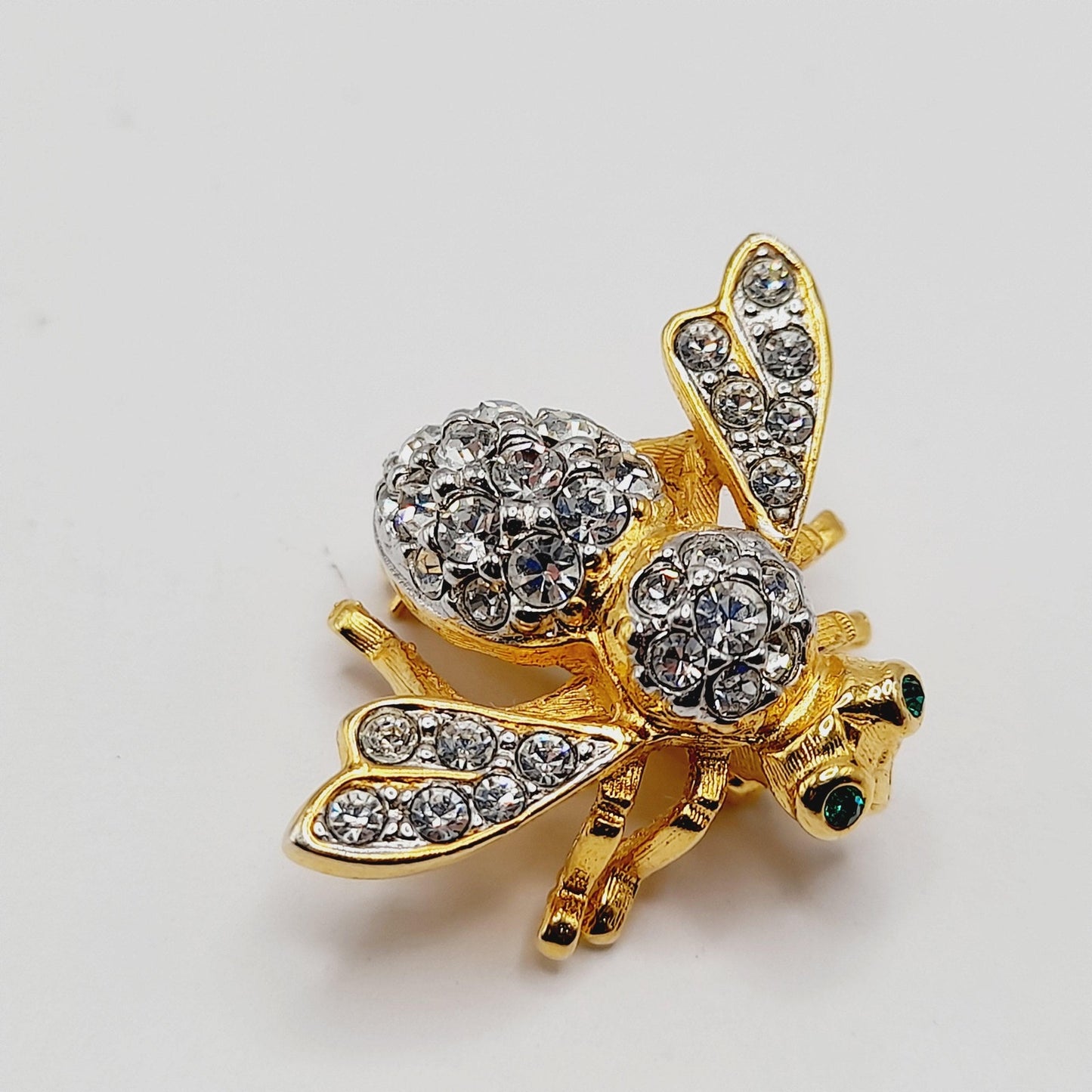 Vintage 1990s Joan Rivers Bee Brooch – Clear Pave Rhinestones, Green Eyes – 1 1/4 Inch Collectible Pin