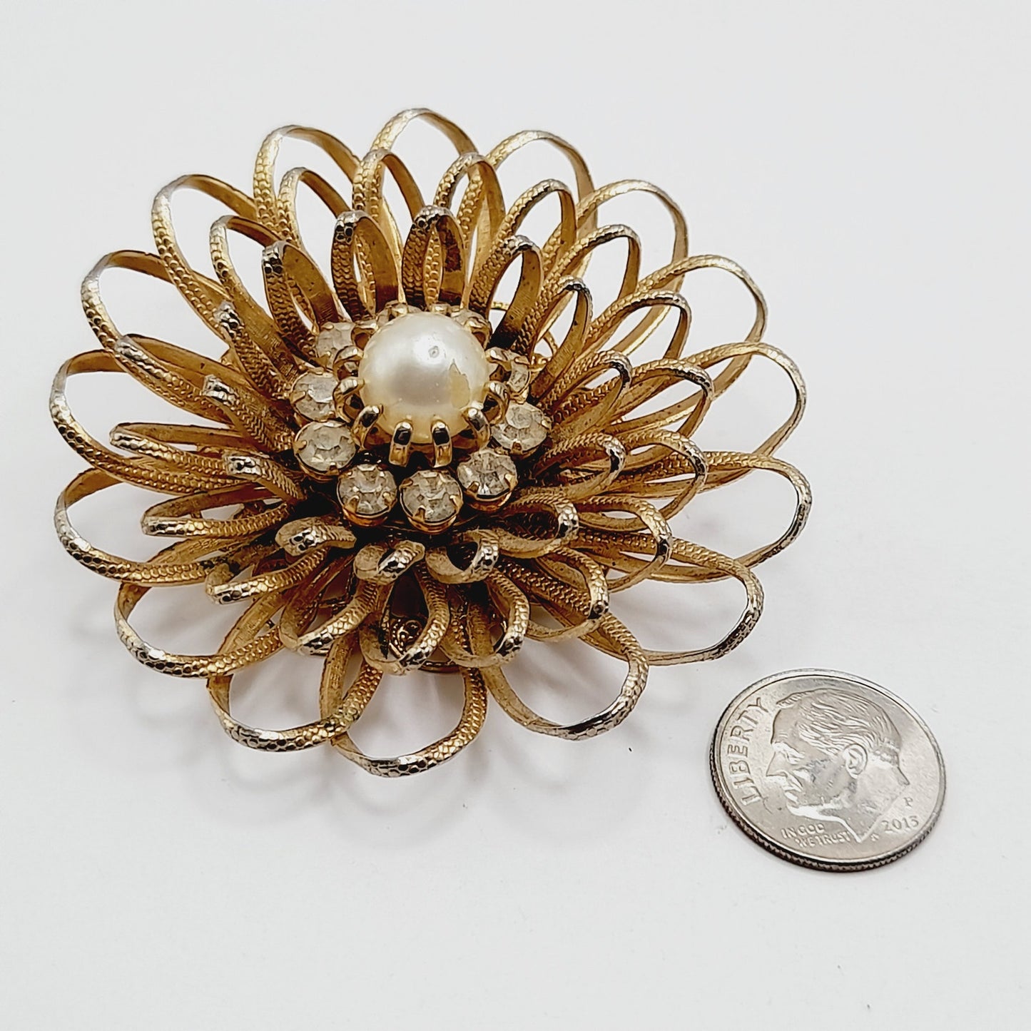 Vintage 1950s Gold Tone Floral Brooch, Faux Pearl Rhinestone Center, Mid-Century Jewelry