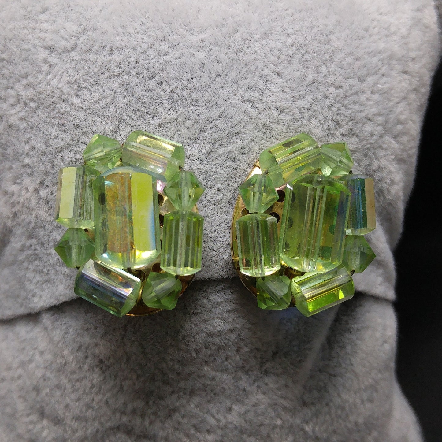 Green AB Barrel Crystal Necklace & Earrings, Austrian Crystal Beads, 1960s Vintage Jewelry