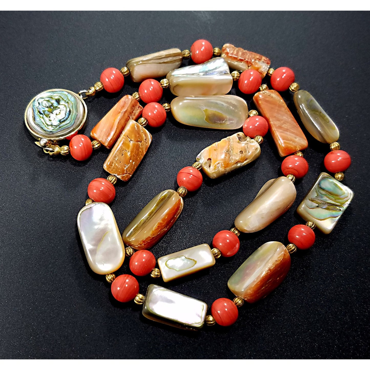 Castlecliff Abalone Beaded Necklace, Orange Glass Beads, Gold Plated Abalone Clasp, 1960s Vintage Jewelry