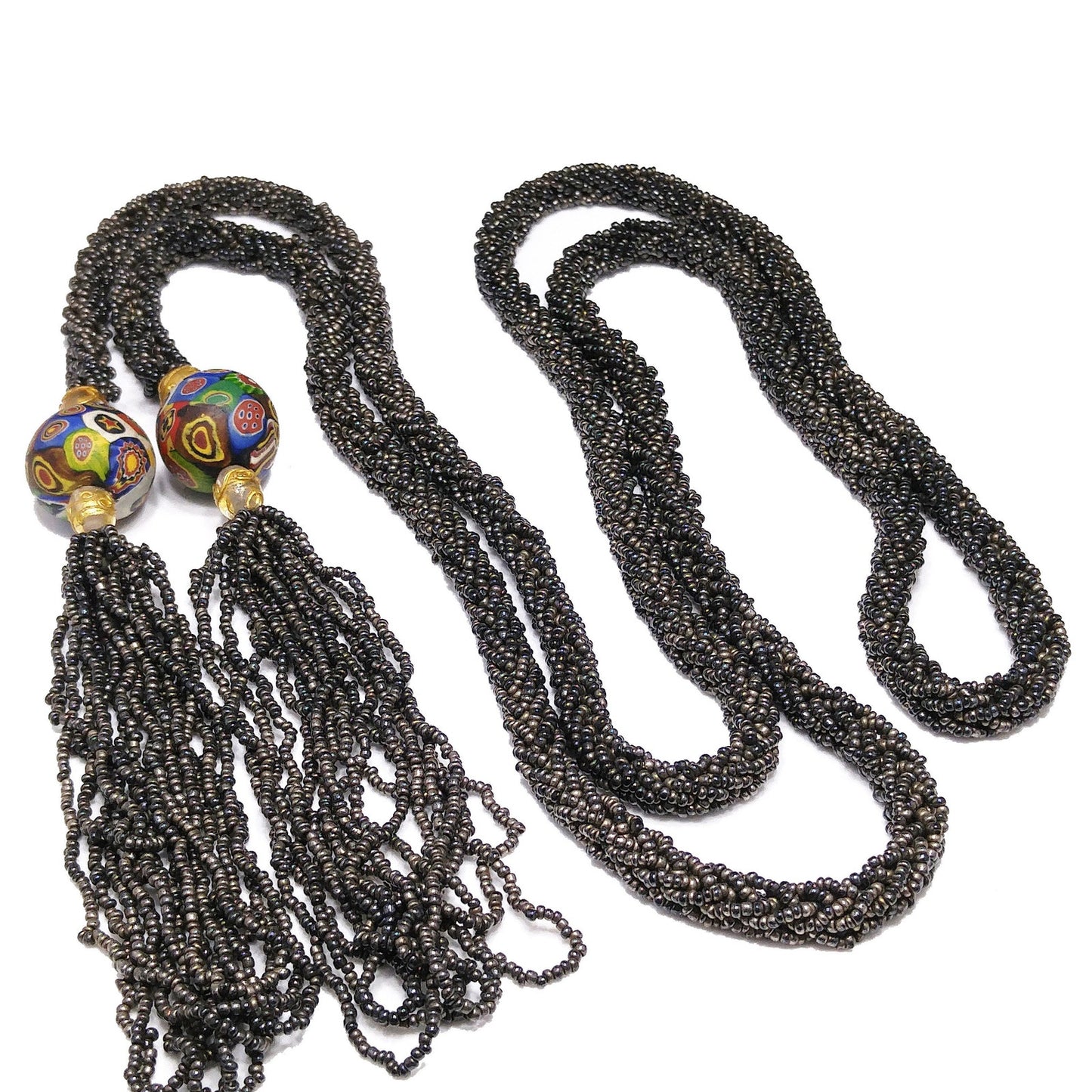 Vintage Art Deco Murano Millefiori Seed Bead Lariat Flapper Necklace, 1920s