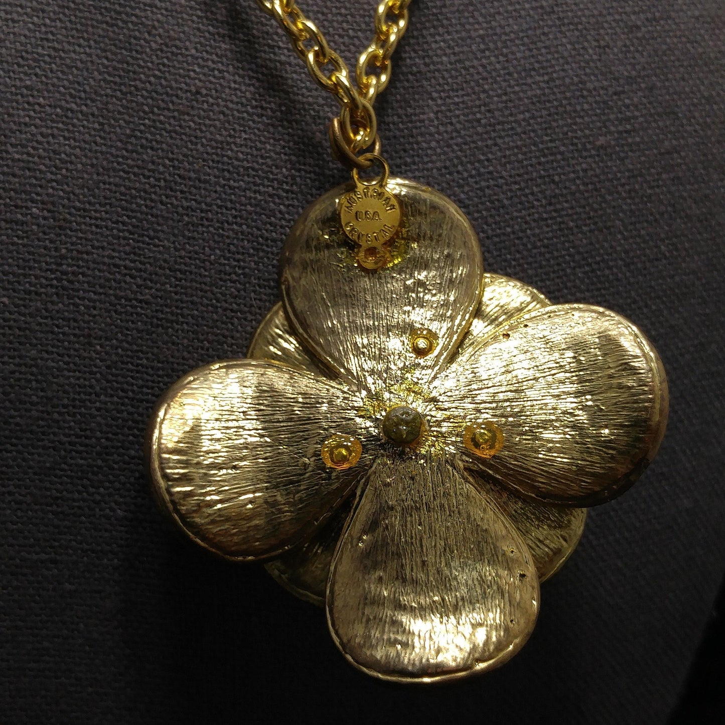 Austrian Crystal Flower Pendant Necklace, Gold Plated, 1980s Vintage Jewelry