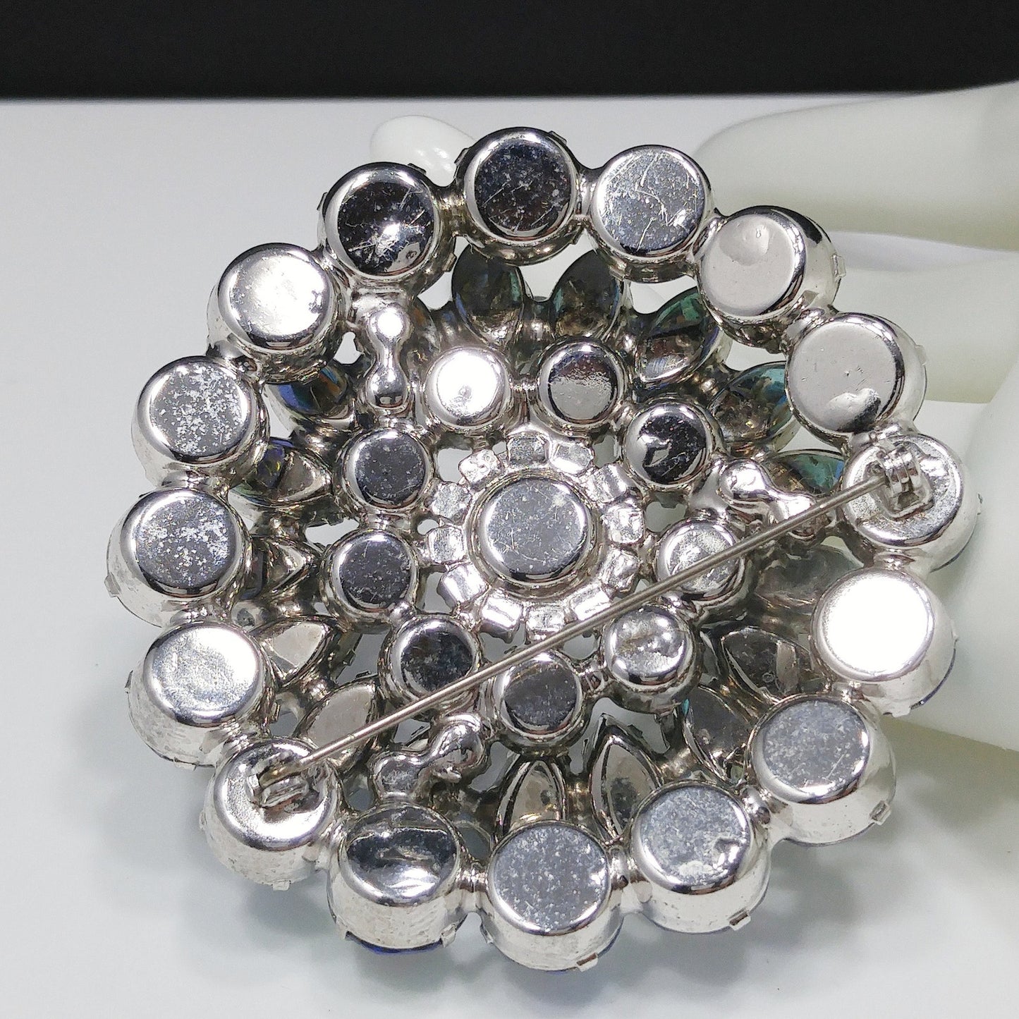 Mid Century Blue Aurora Borealis Brooch, Rhodium Plated, 1960s Vintage Jewelry