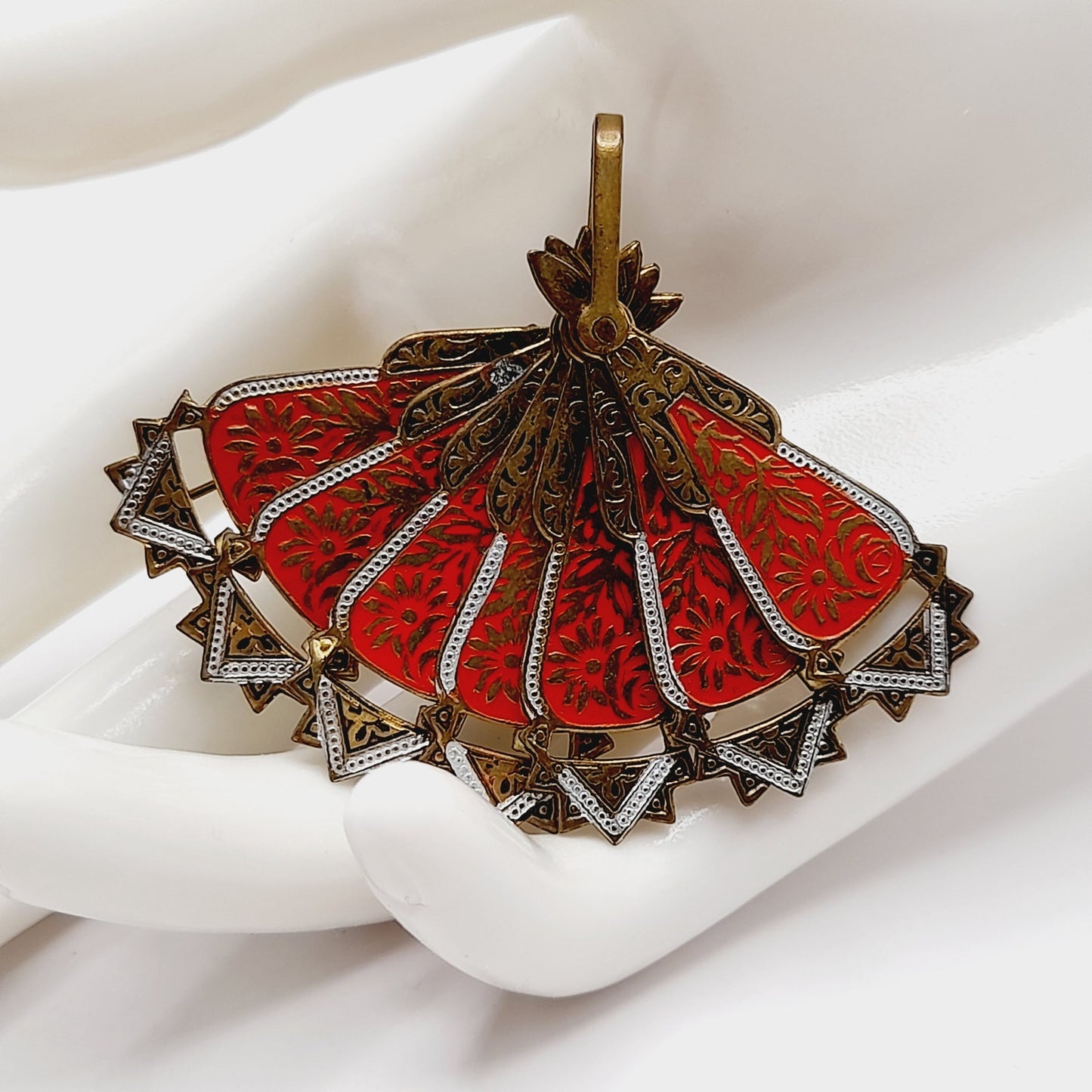 Vintage Spanish Damascene Articulated Fan Brooch Pin Pendant - Signed SPAIN - Black Gold Inlay Jewelry