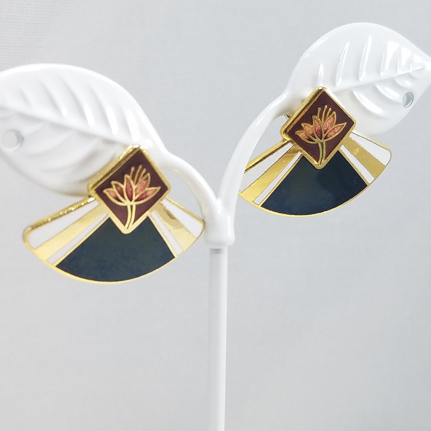 Vintage Laurel Burch WATER LILY Fan Gold Cloisonne Earrings, Gold Filled Posts