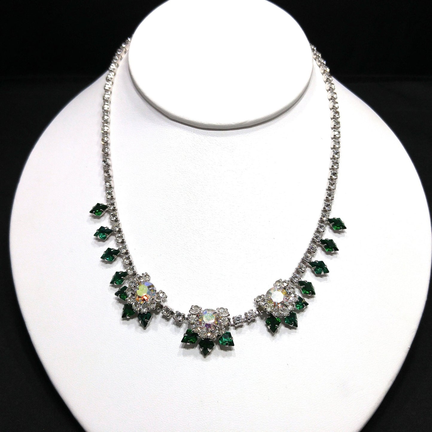 Vintage Green Clear Rhinestone Choker Necklace, Aurora Borealis, Rhodium Plated, 1960s Vintage Jewelry