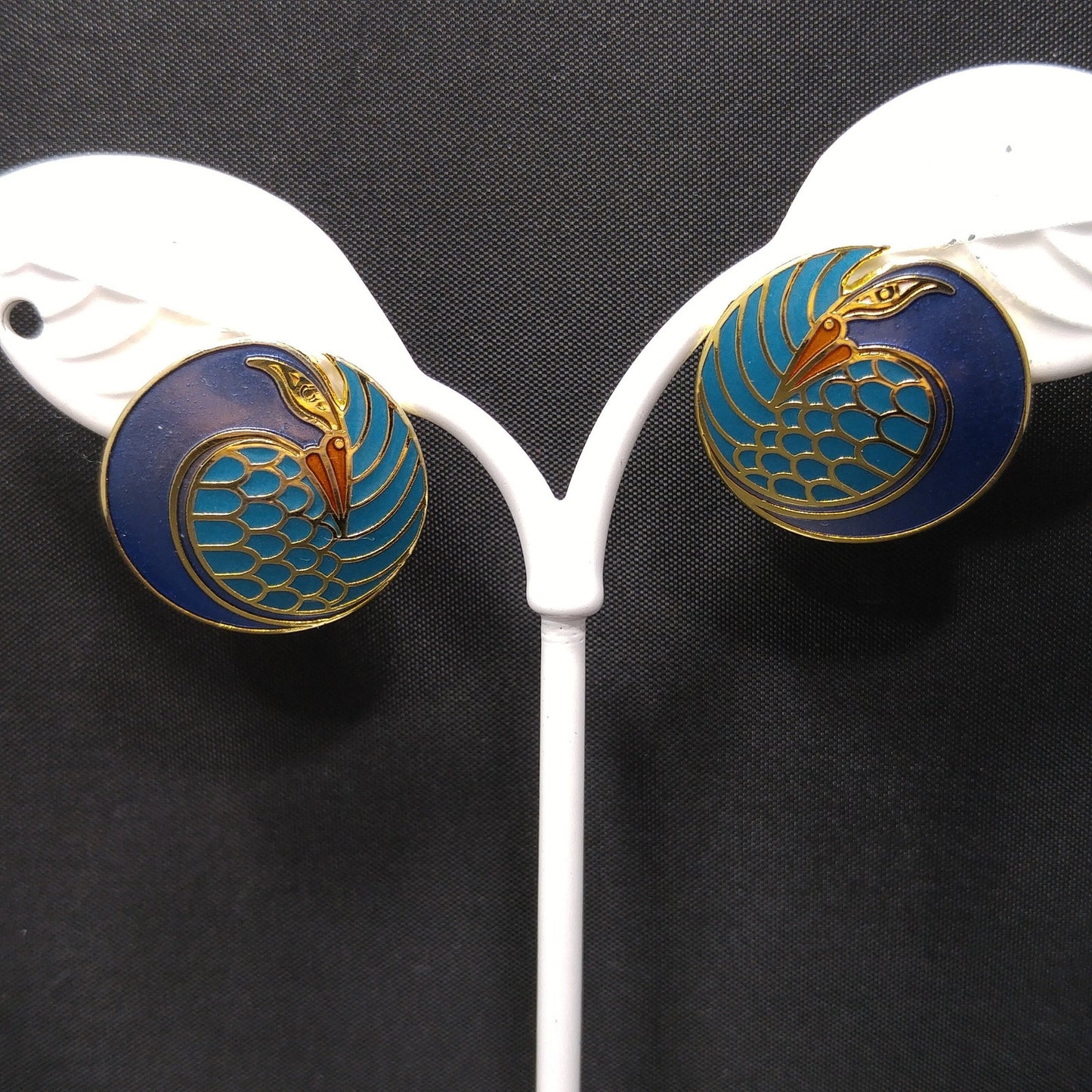 Laurel Burch "Mynah Bird" Blue Post Earrings, Gold Plated Cloisonné, 1980s