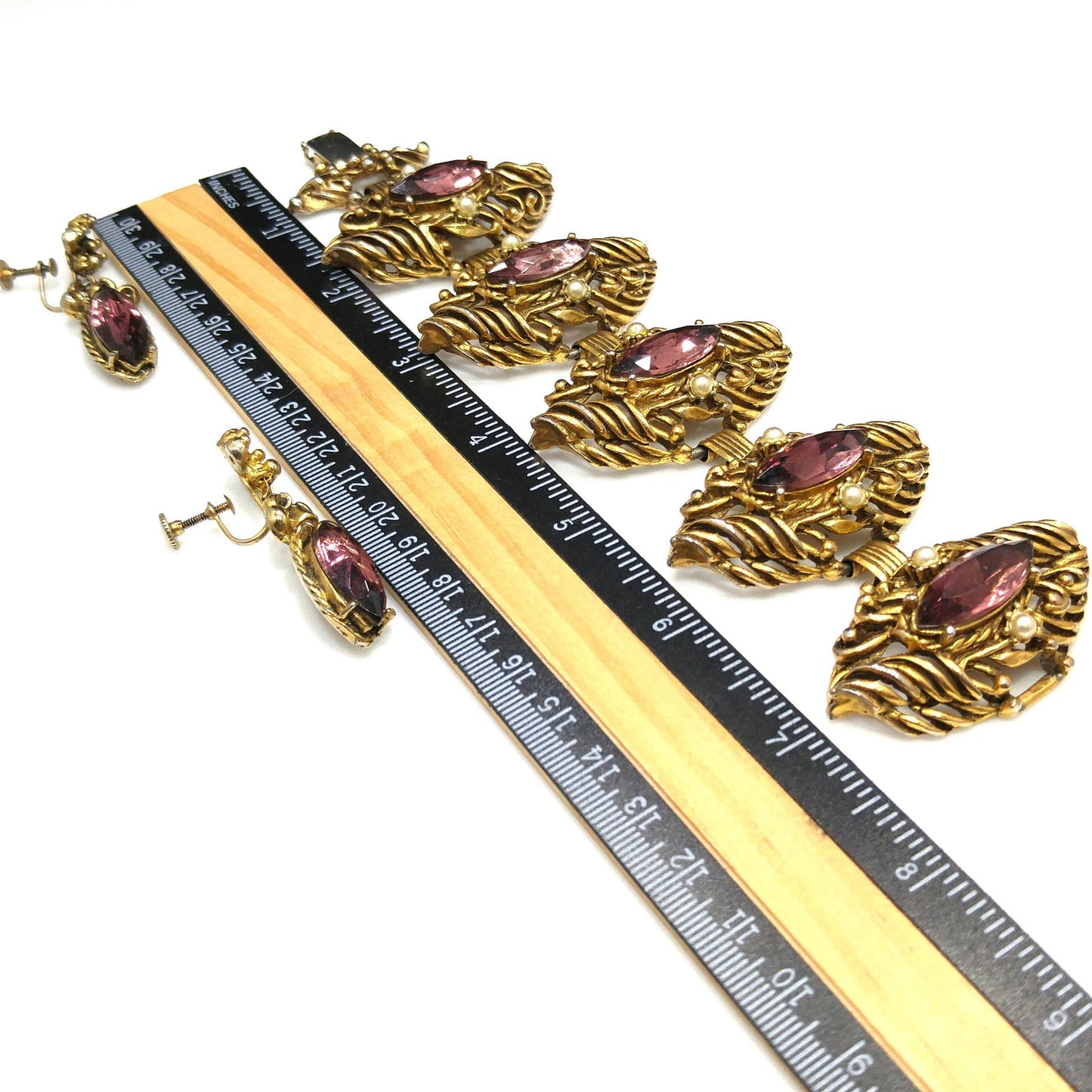 Mid-Century Purple Rhinestone Wide Bracelet Dangle Earrings Set, 1950s Vintage Jewelry