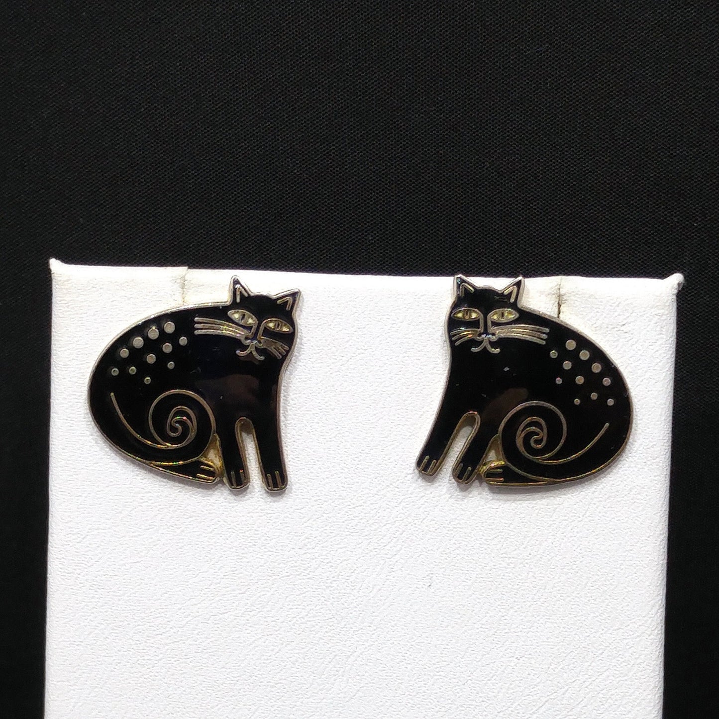 Vintage Laurel Burch "Keshire Cat" Black Post Earrings, Gold Plated