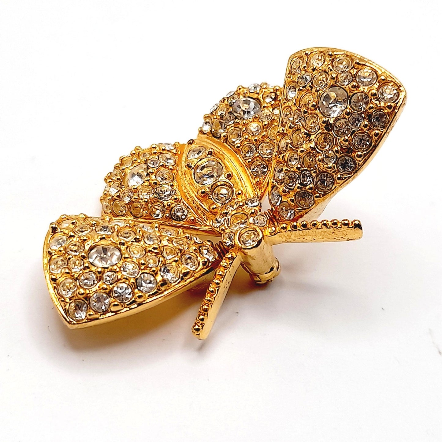 Vintage Joan Rivers Trembler Butterfly Brooch – Gold Plated Rhinestone Moth Pin – Designer Signed