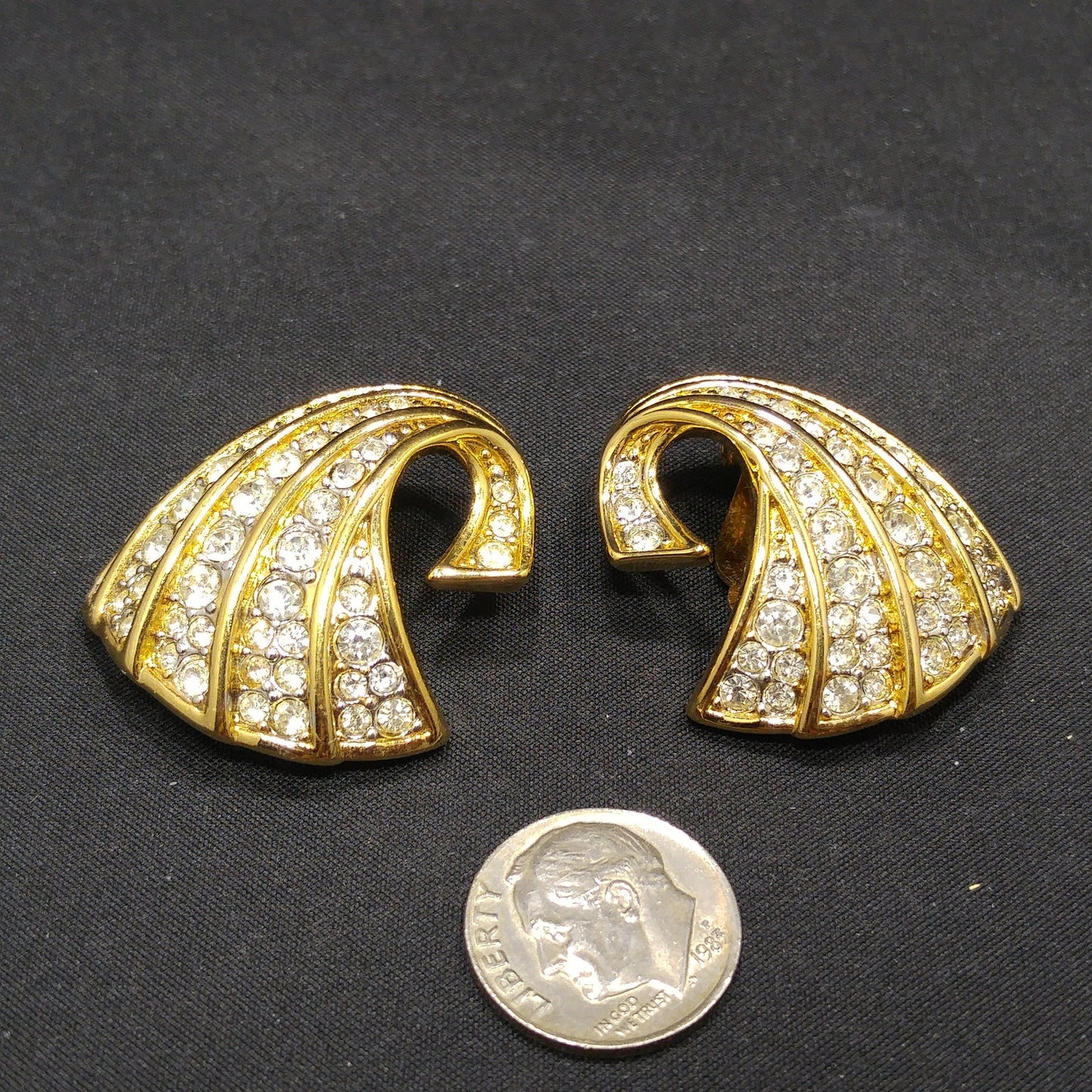 Nina Ricci Gold Plated Earrings, Pave Clear Rhinestones, 1960s Vintage Jewelry