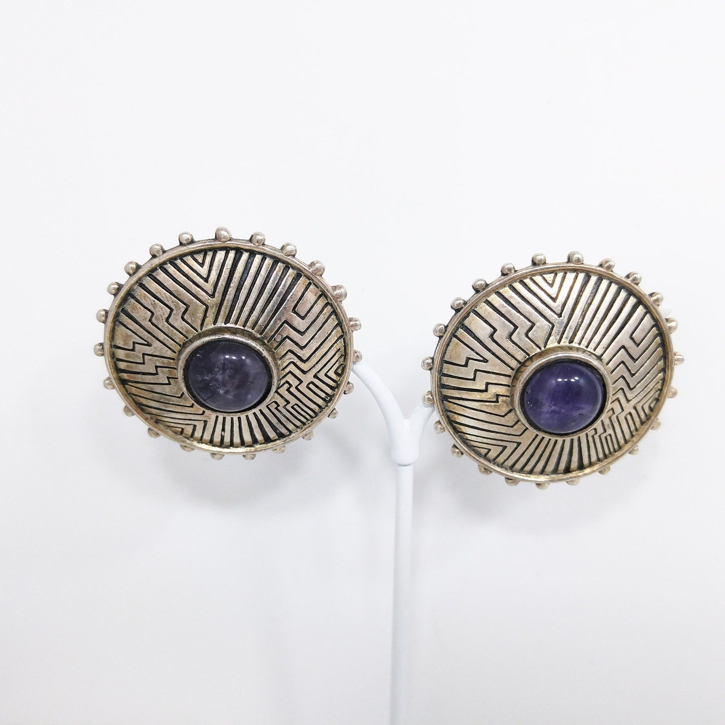 Laurel Burch Amethyst Clip Earrings, Purple Gemstone, Gold Plated, 1980s