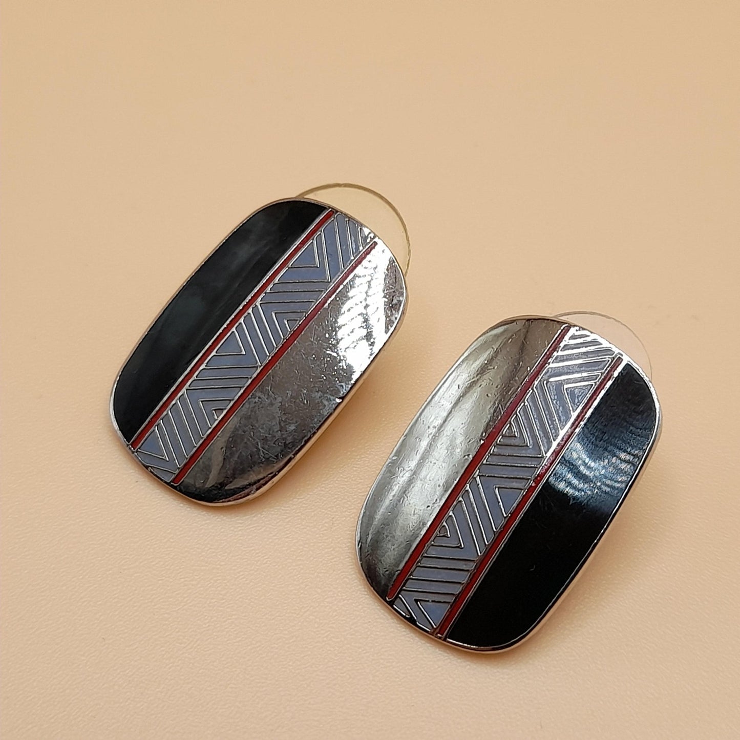 Laurel Burch "Loloma" Post Earrings, Reflective Silver, Red Black Enamel, 1980s