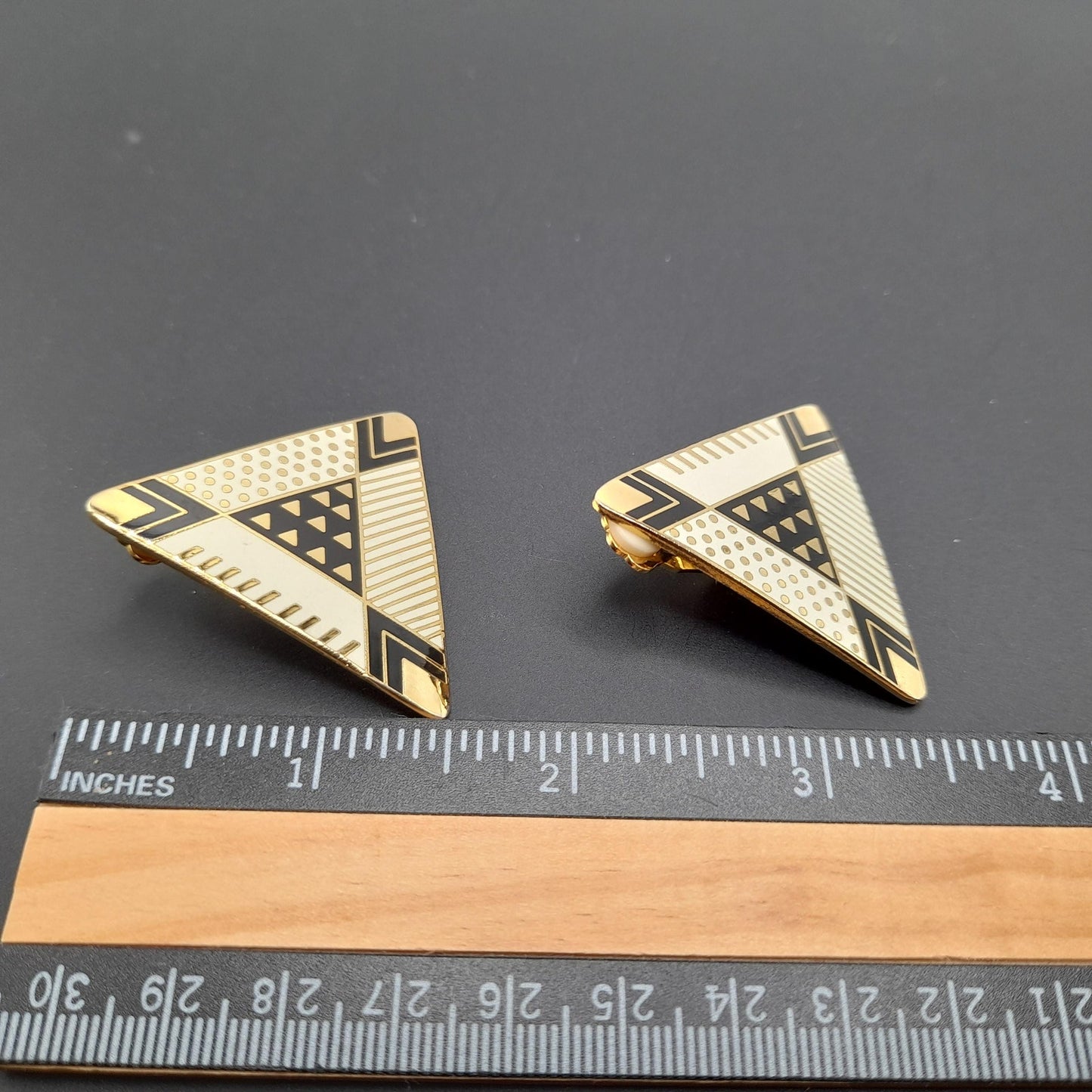 Laurel Burch Large Geometric Clip Earrings, Black White Enamel, Gold Plated, 1980s Vintage Jewelry