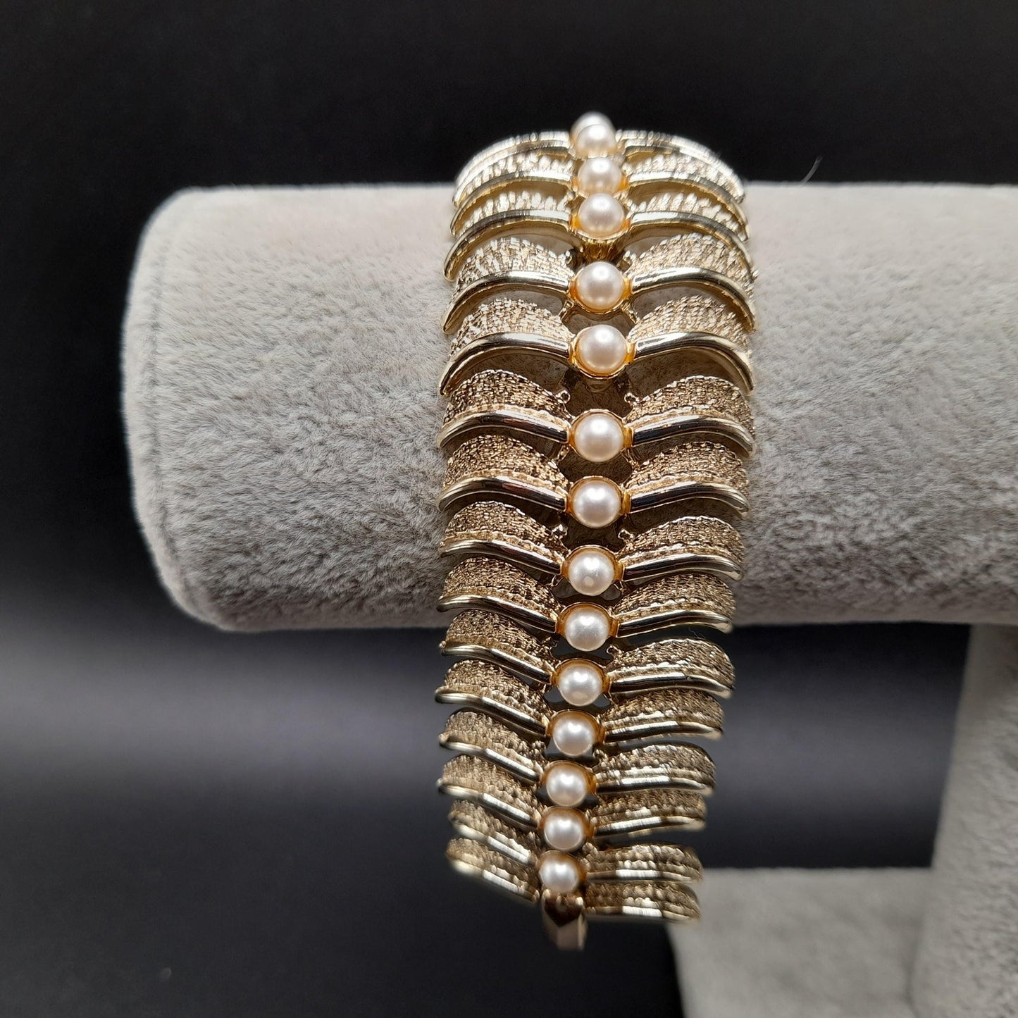 Vintage Kramer Wide Bracelet, Faux Pearls, Gold Plated, 1960s Jewelry