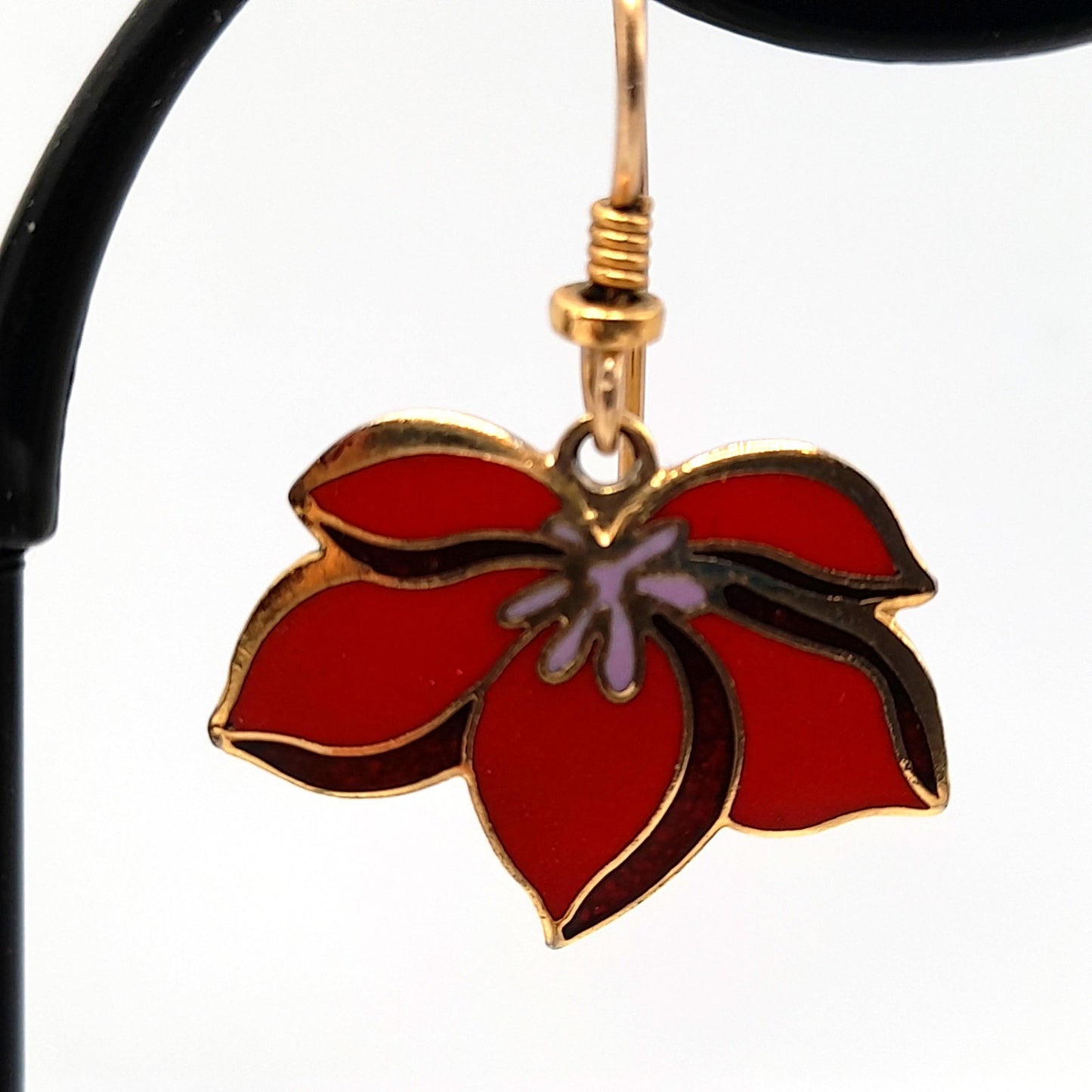 Vintage Laurel Burch "Pear Blossom" Earrings, Gold Plated, Red Enamel