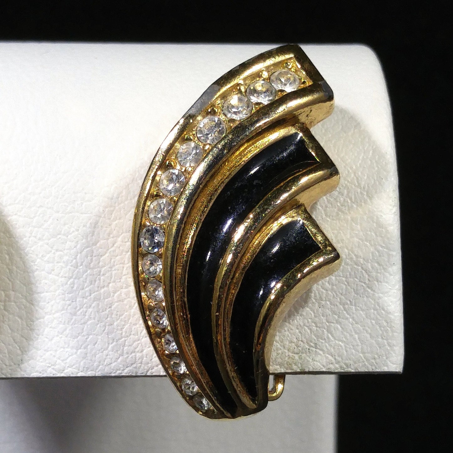 Christian Dior Black Enamel Earrings, Gold Plated, Pave Rhinestones, 1980s Vintage Jewelry