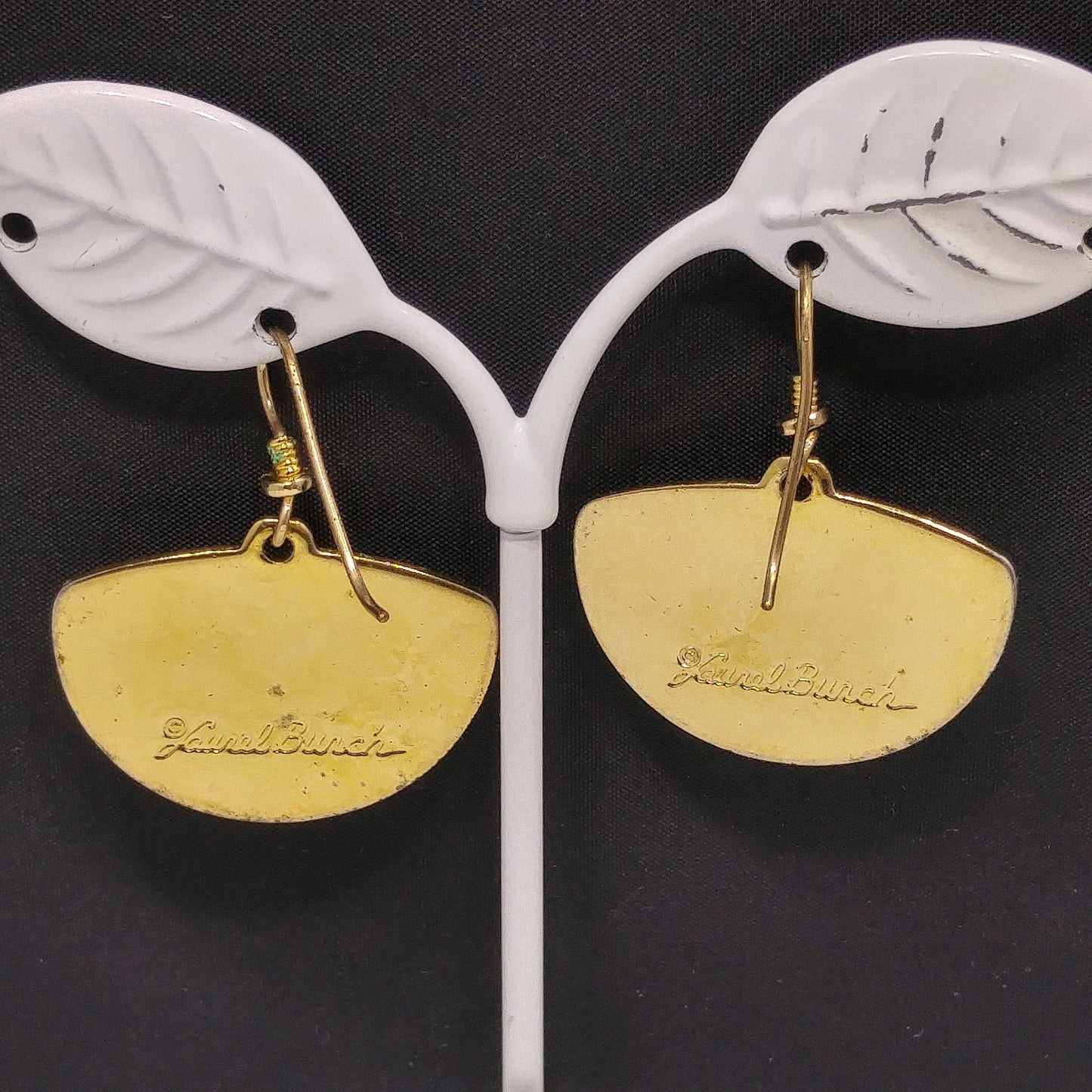 Vintage Laurel Burch Fan Earrings, Gold Plated, Lavender Enamel
