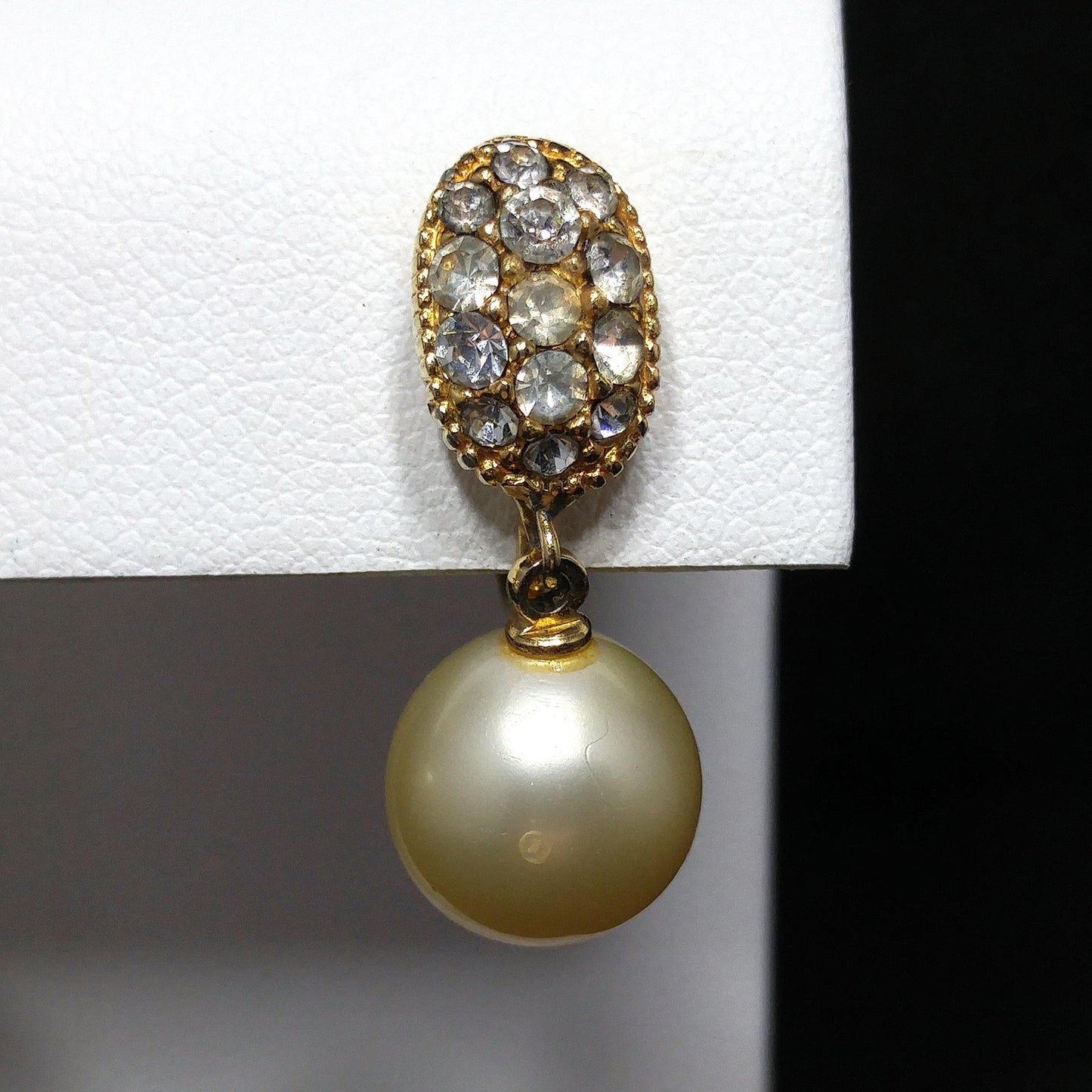 Ciner Faux Pearl Dangle Clip Earrings, Clear Rhinestones, Gold Plated, 1970s Vintage