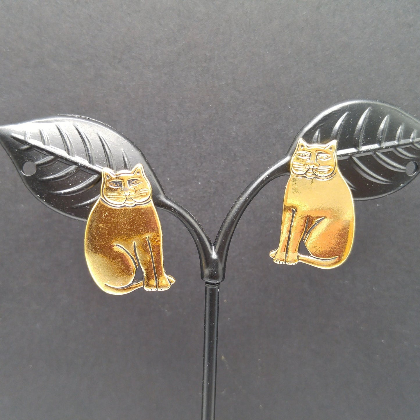 Vintage Laurel Burch Cat Post Earrings, Sitting Cats, Gold Plated