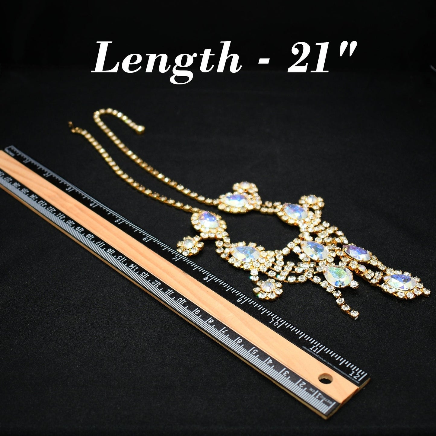 Aurora Borealis Rhinestone Frontal Necklace, Gold Plated, 21 Inches, 1970s Vintage Jewelry
