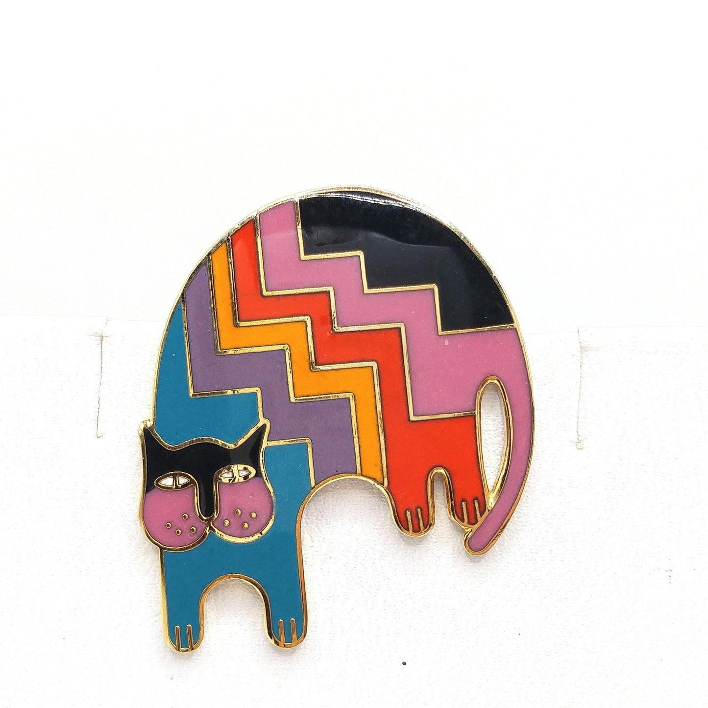 Laurel Burch "Aztec Cat" Brooch, Gold Plated, Rainbow Enamel, 1980s Vintage Jewelry