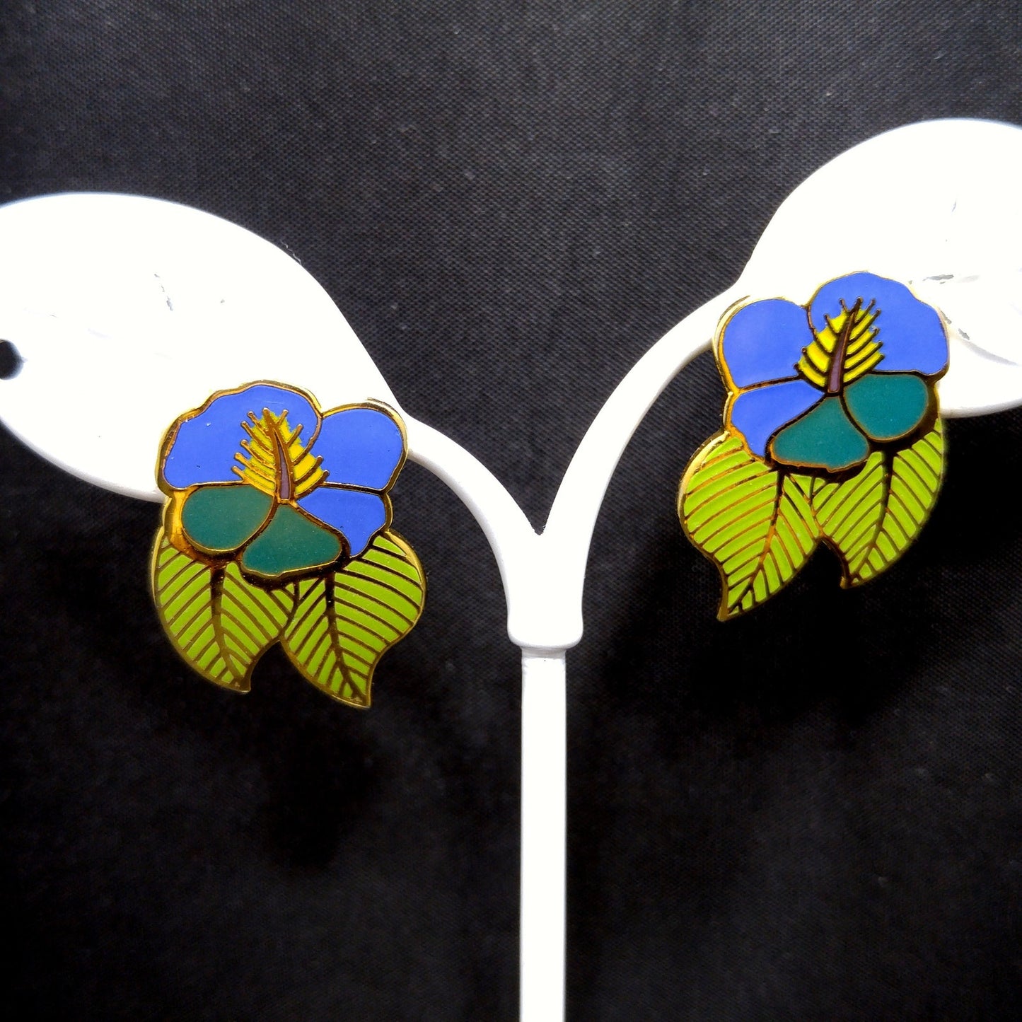 Vintage Laurel Burch Blue Green "Hibiscus" Post Earrings, Gold Plated