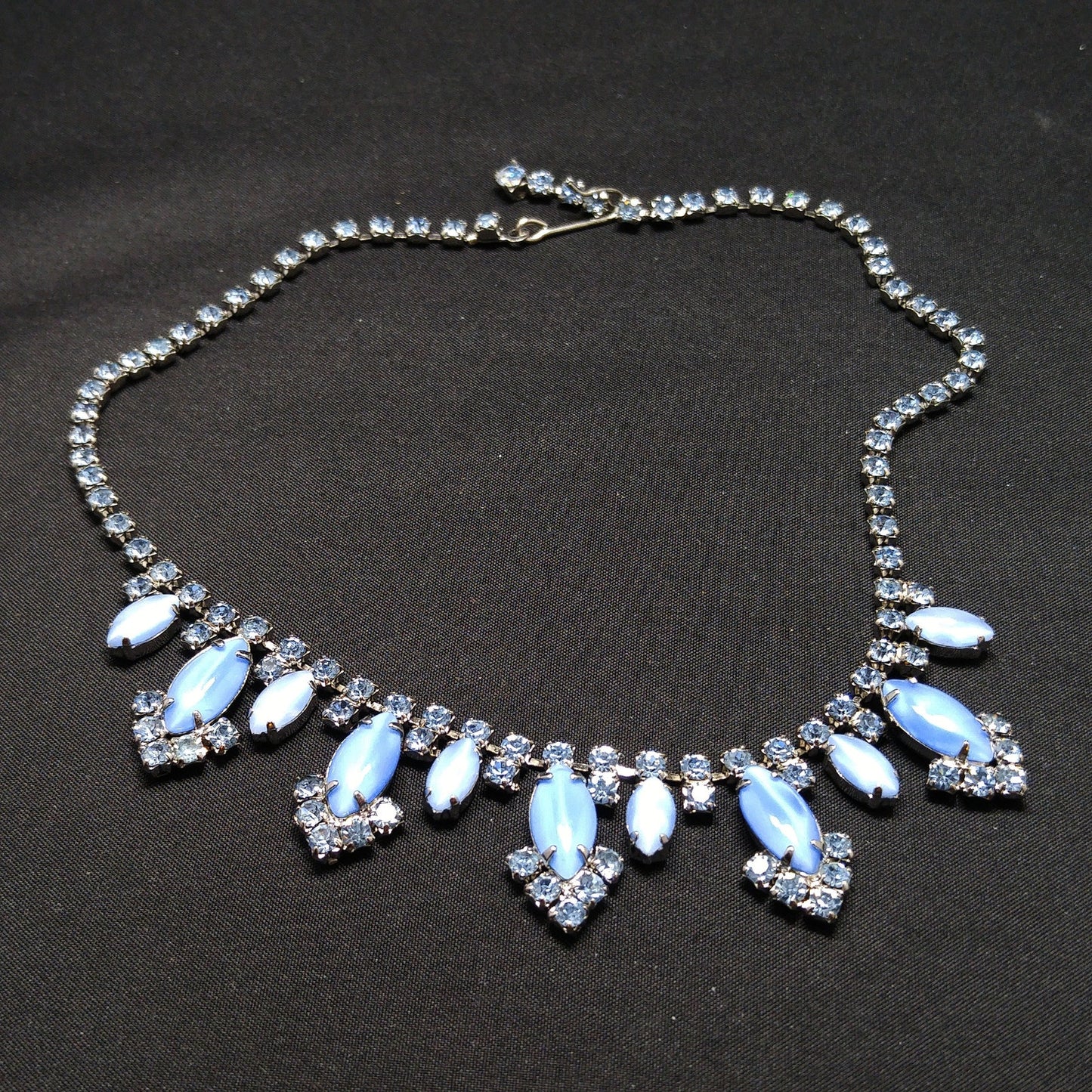 Blue Art Glass Rhinestone Necklace, Rhodium Plated, 1960s Vintage Jewelry