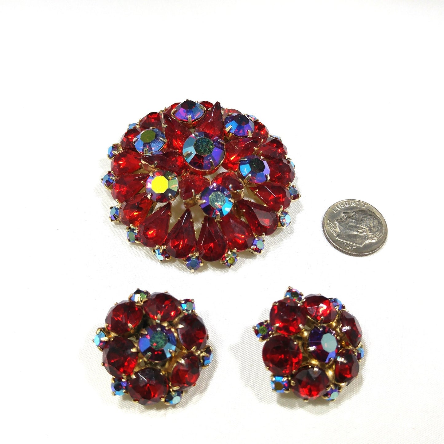 Red Rhinestone Aurora Borealis Brooch Earrings Set, Gold Plated, 1960s Vintage Jewelry