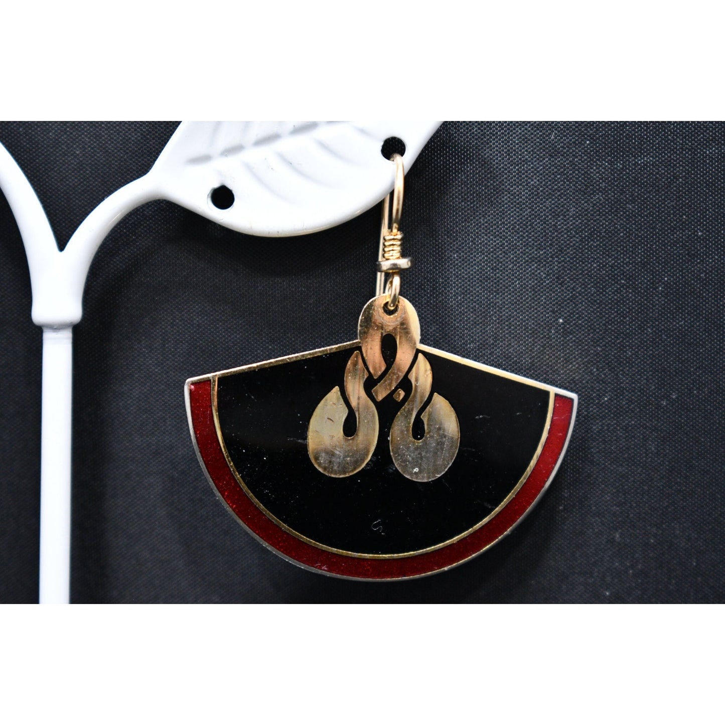 Laurel Burch Large Fan Love Knot Earrings, Cloisonne Gold Plated, Enamel Red Black, 1980s Vintage Jewelry