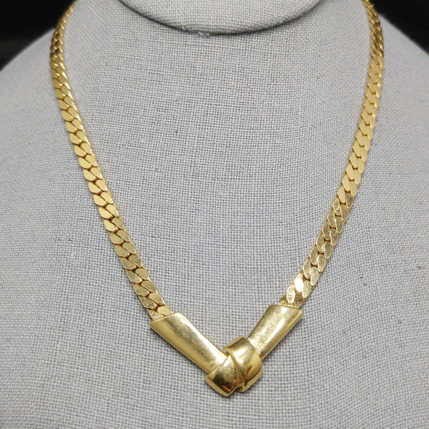 Monet Herringbone Chain Necklace, Gold Plated, V Pendant, 1980s Vintage Jewelry