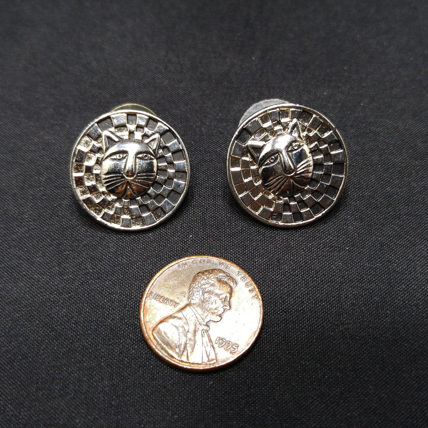 Laurel Burch Cat Face Post Earrings, Checkerboard Background, Rhodium Plate