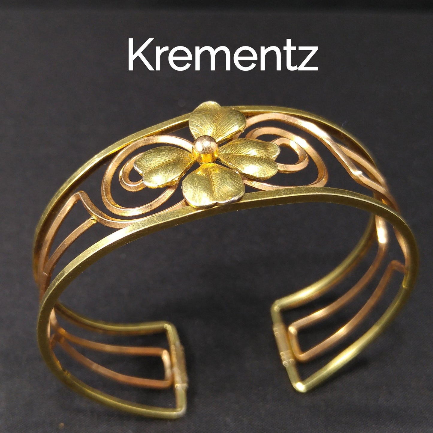 Krementz 14K Rolled Gold Overlay Cuff Bracelet, Openwork Gold Clover Center, Signed Krementz, 1960s Vintage Jewelry